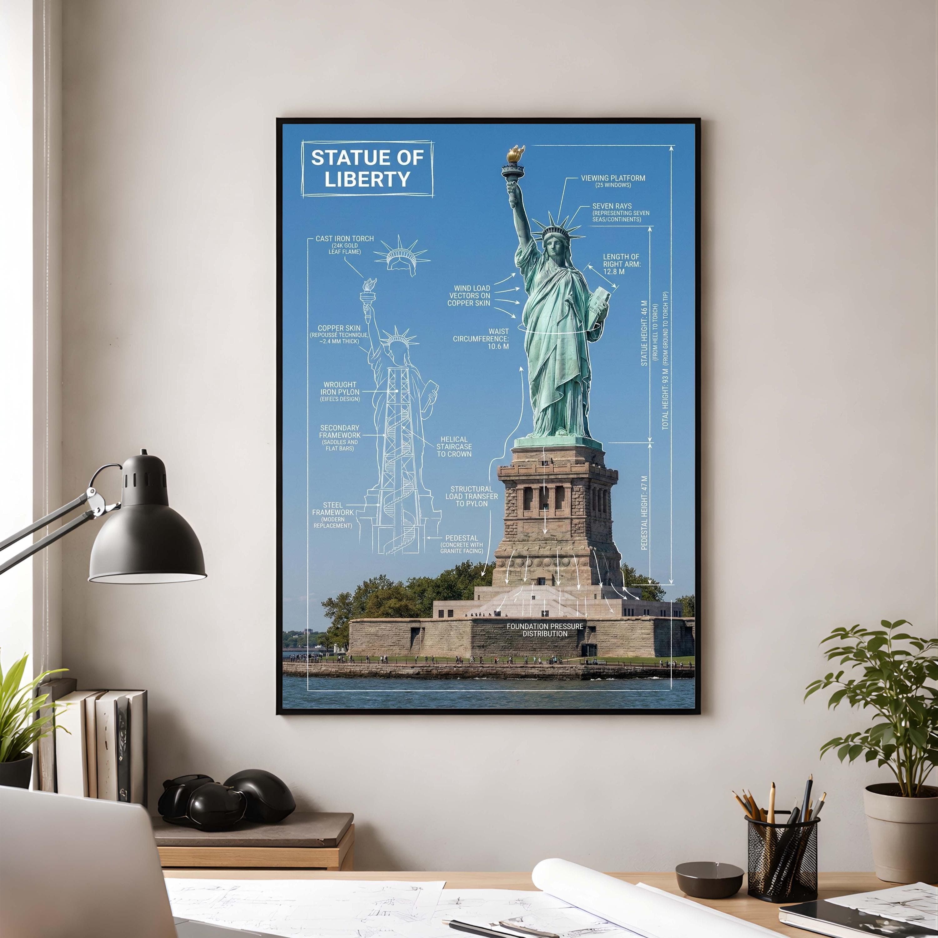 Statue of Liberty Blueprint Poster | Eiffel Pylon, Engineering Art