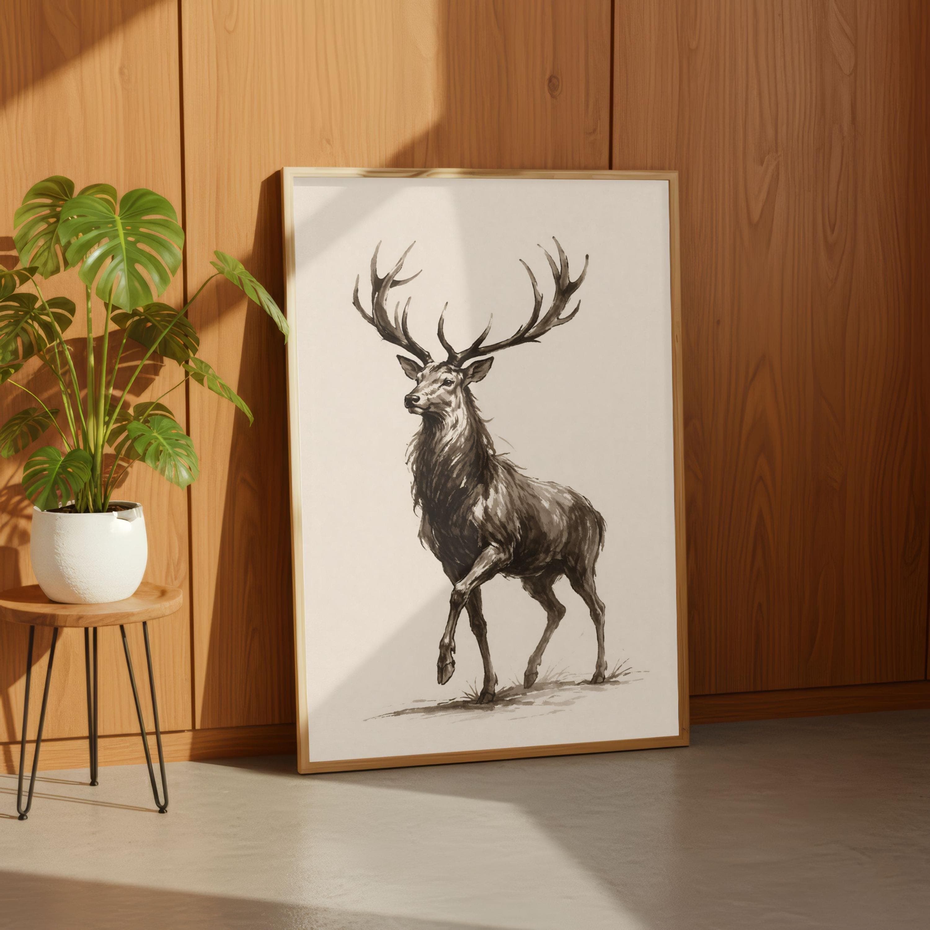 Vintage Stag Drawing, Rustic Cabin Decor, Elk Poster, Sepia Deer Wall Art Sketch - image 4