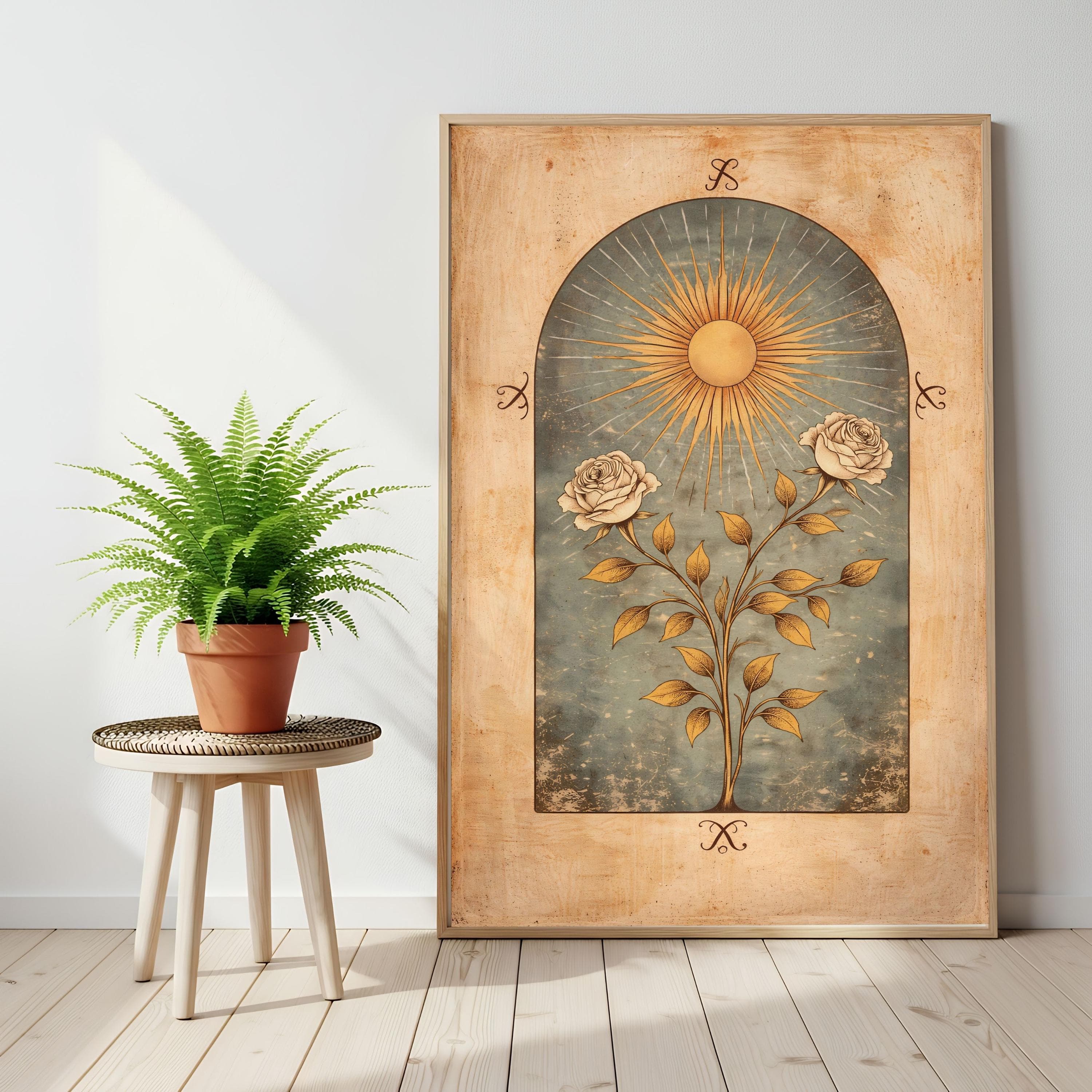 Whimsigoth Sun Wall Art, Celestial Rose Poster, Vintage Tarot Card Flower Print - image 3