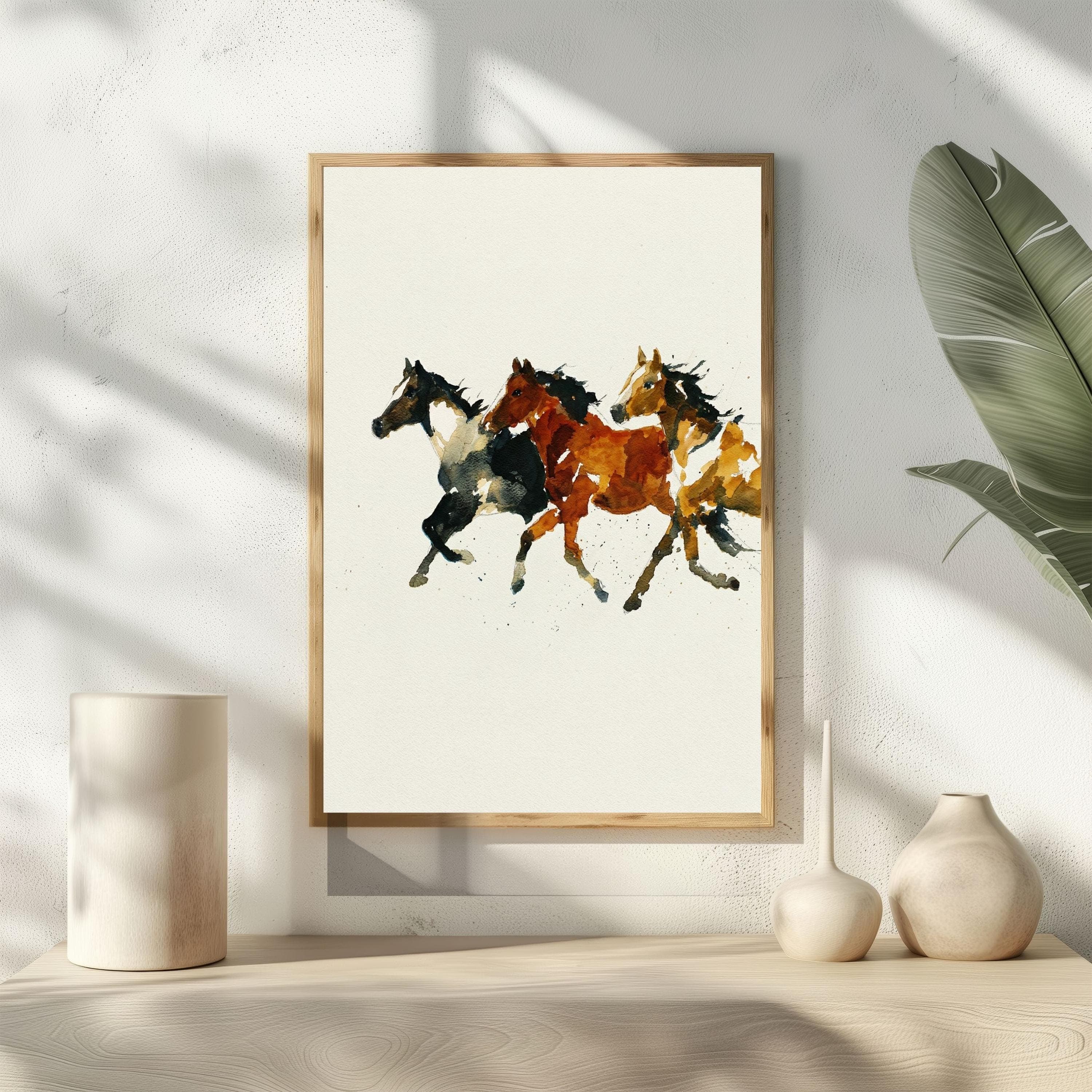Minimalist Horse Watercolor Print, Modern Farmhouse Equestrian Art, Running Horses