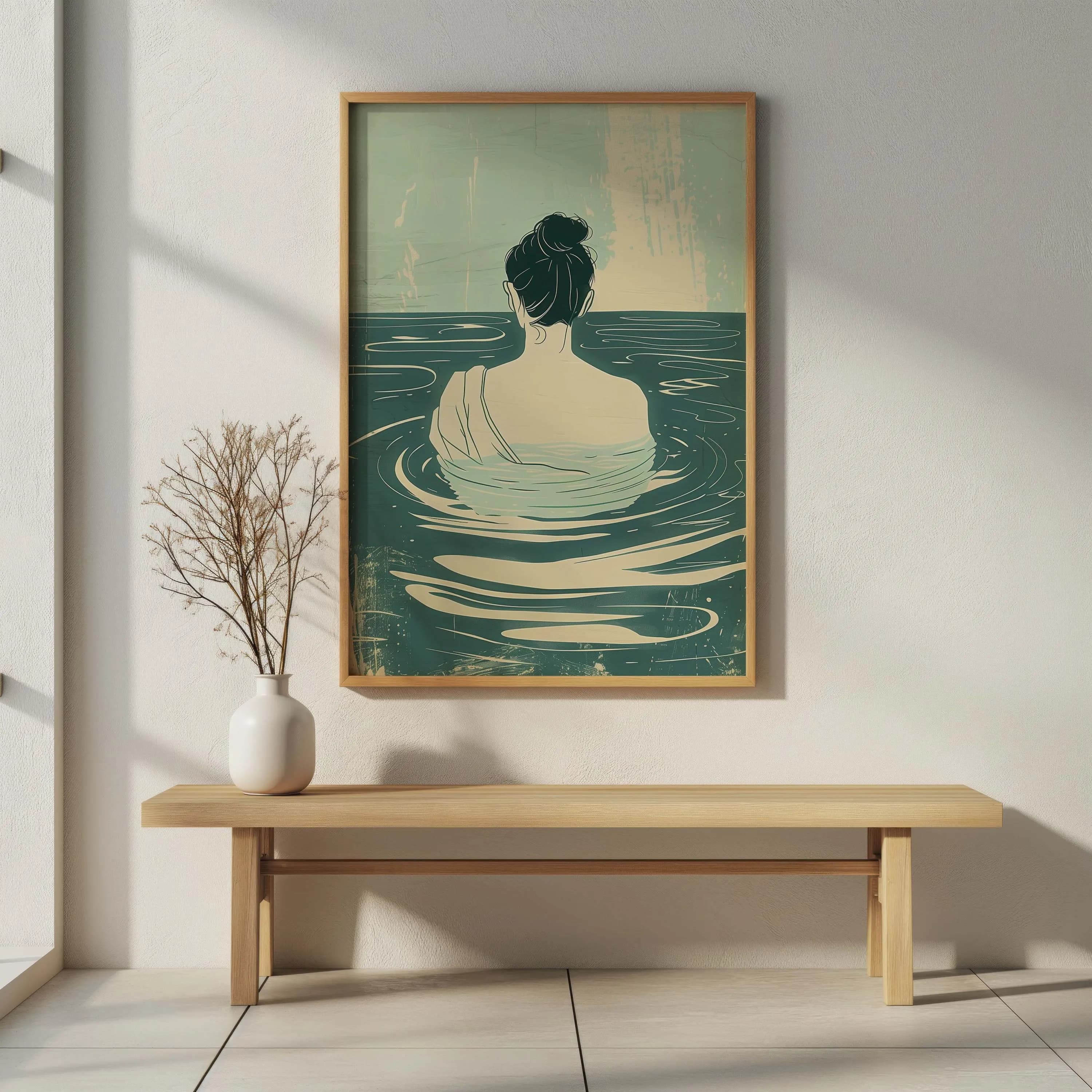 Sage Green Bathroom Wall Art, Minimalist Woman in Water Print, Teal Spa Decor, Modern Calm Poster, Serene Back View, Earthy Tone Art - image 5