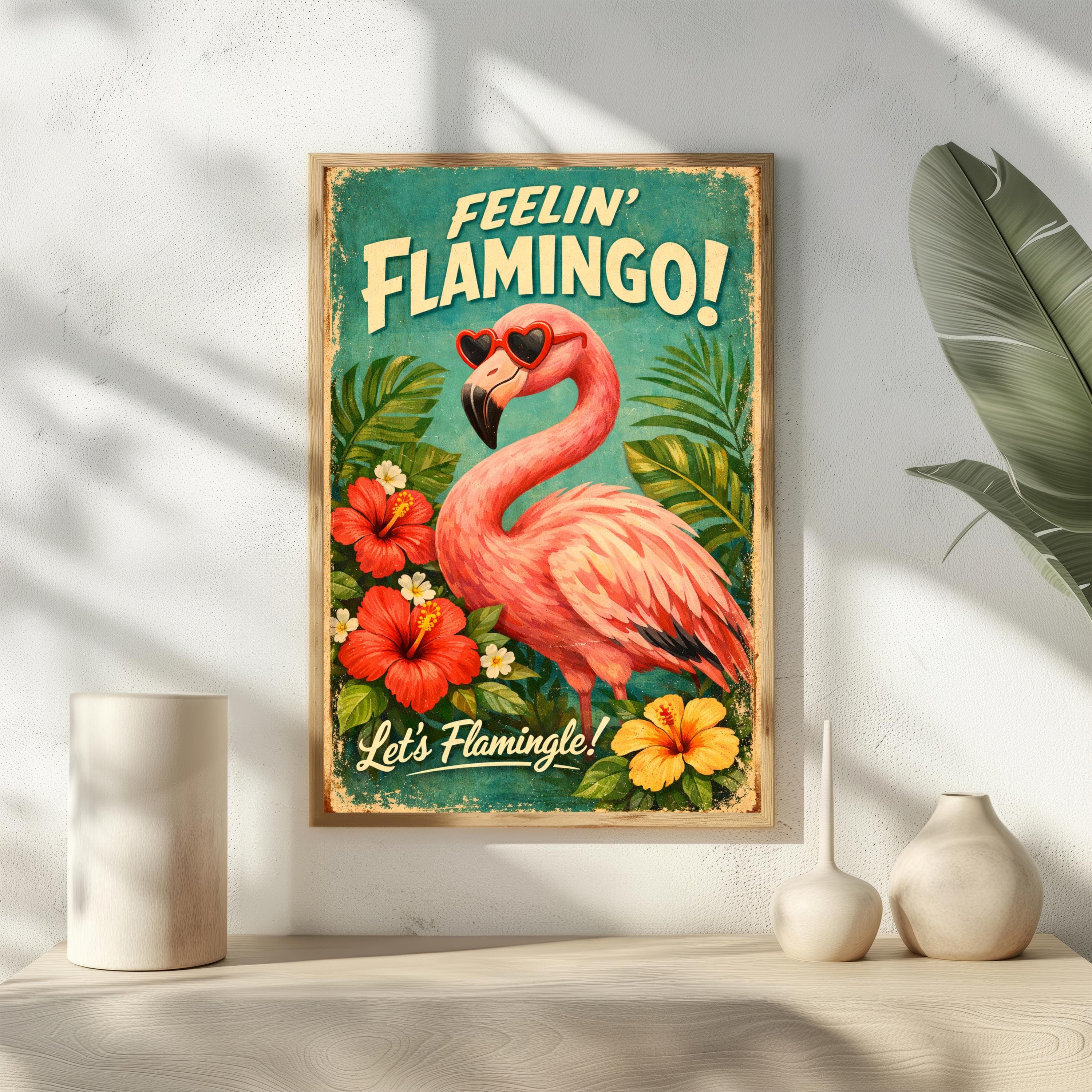 Retro Flamingo Poster, Let's Flamingle Wall Art, Tropical Kitsch Summer Print