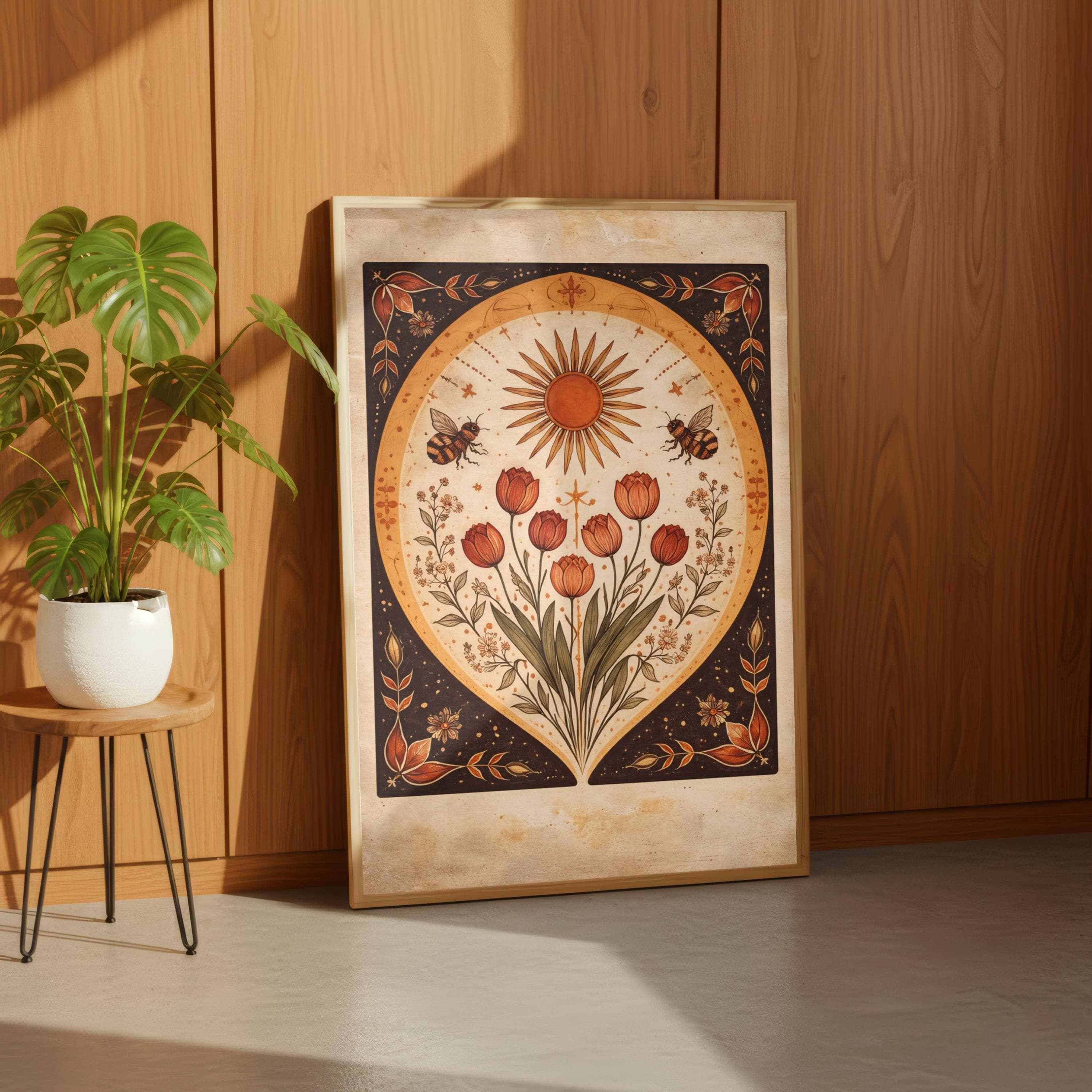 Whimsigoth Sun Wall Art, Vintage Tarot Card Poster, Red Tulip Bee Botanical Art - image 4