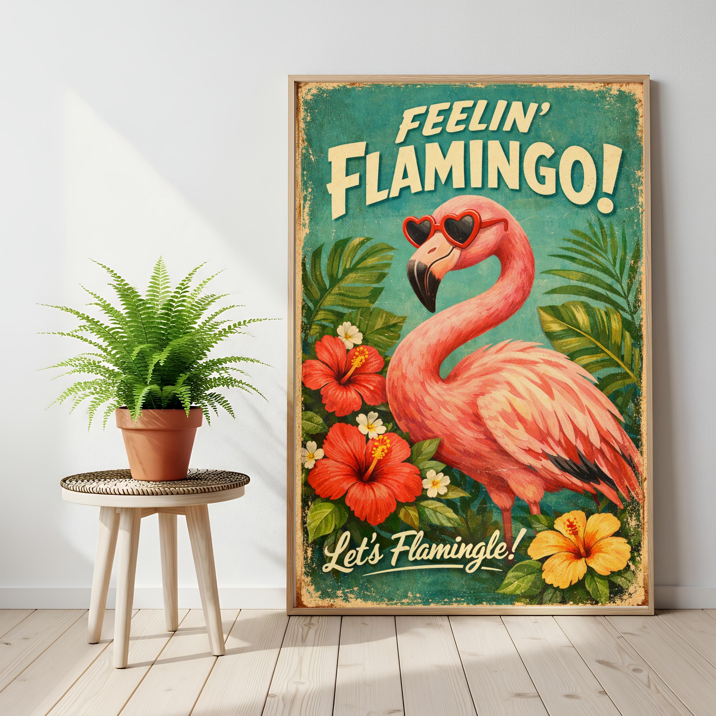 Retro Flamingo Poster, Let's Flamingle Wall Art, Tropical Kitsch Summer Print - image 3