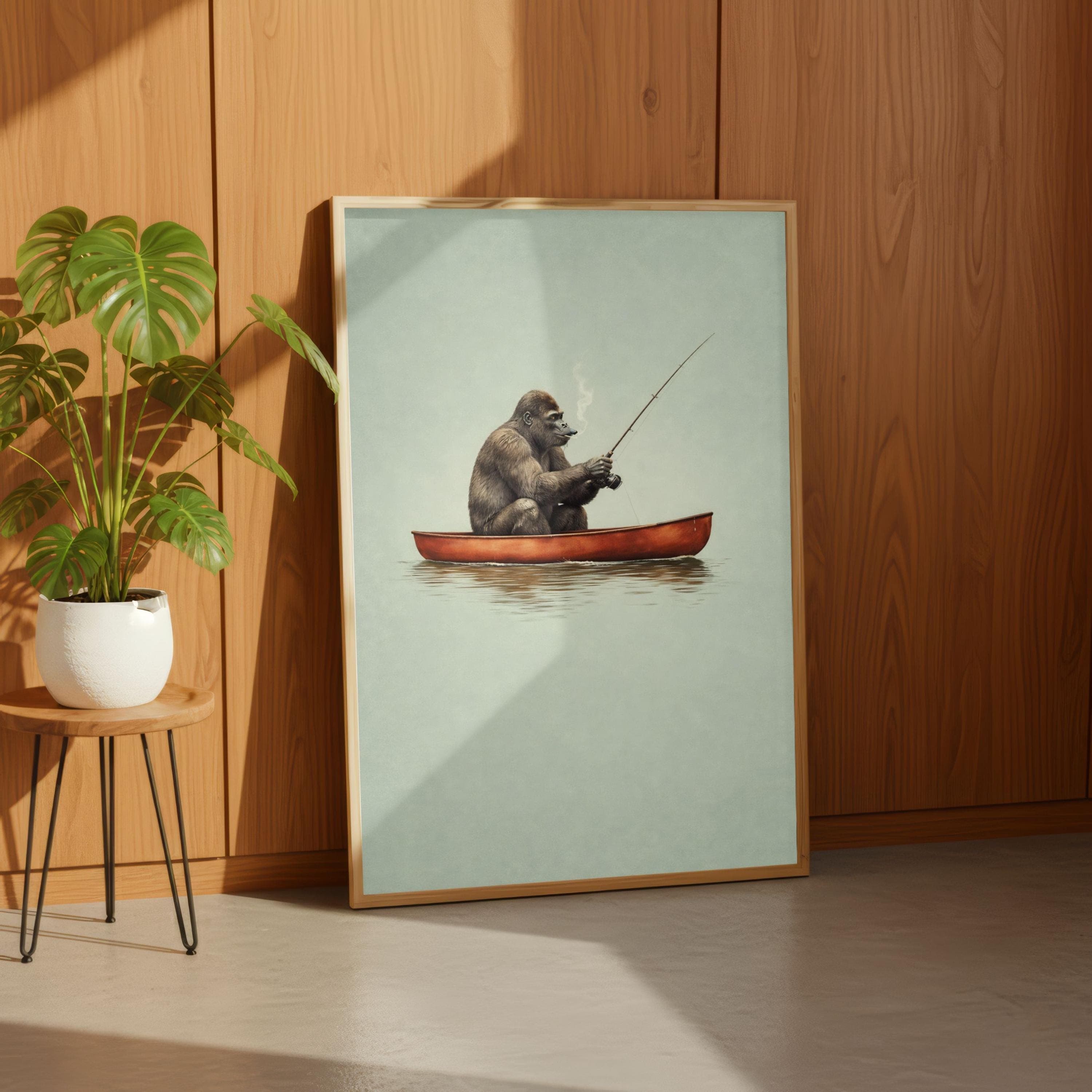 Gorilla Fishing Poster, Whimsical Canoe Print, Smoking Pipe Art, Sage Green - image 4