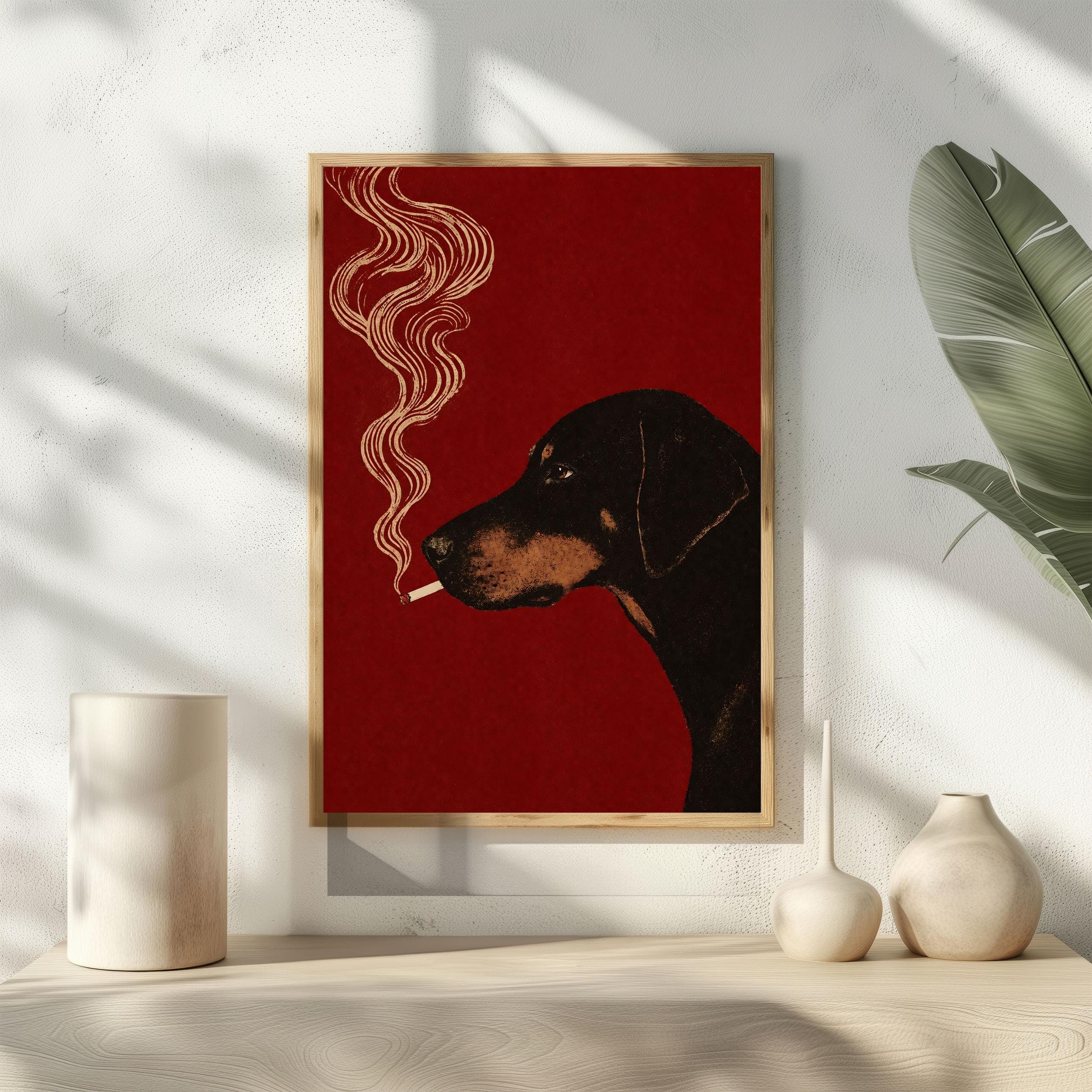 Doberman Smoking Print, Funny Bar Cart Dog Wall Art, Dark Academia Animal Portrait