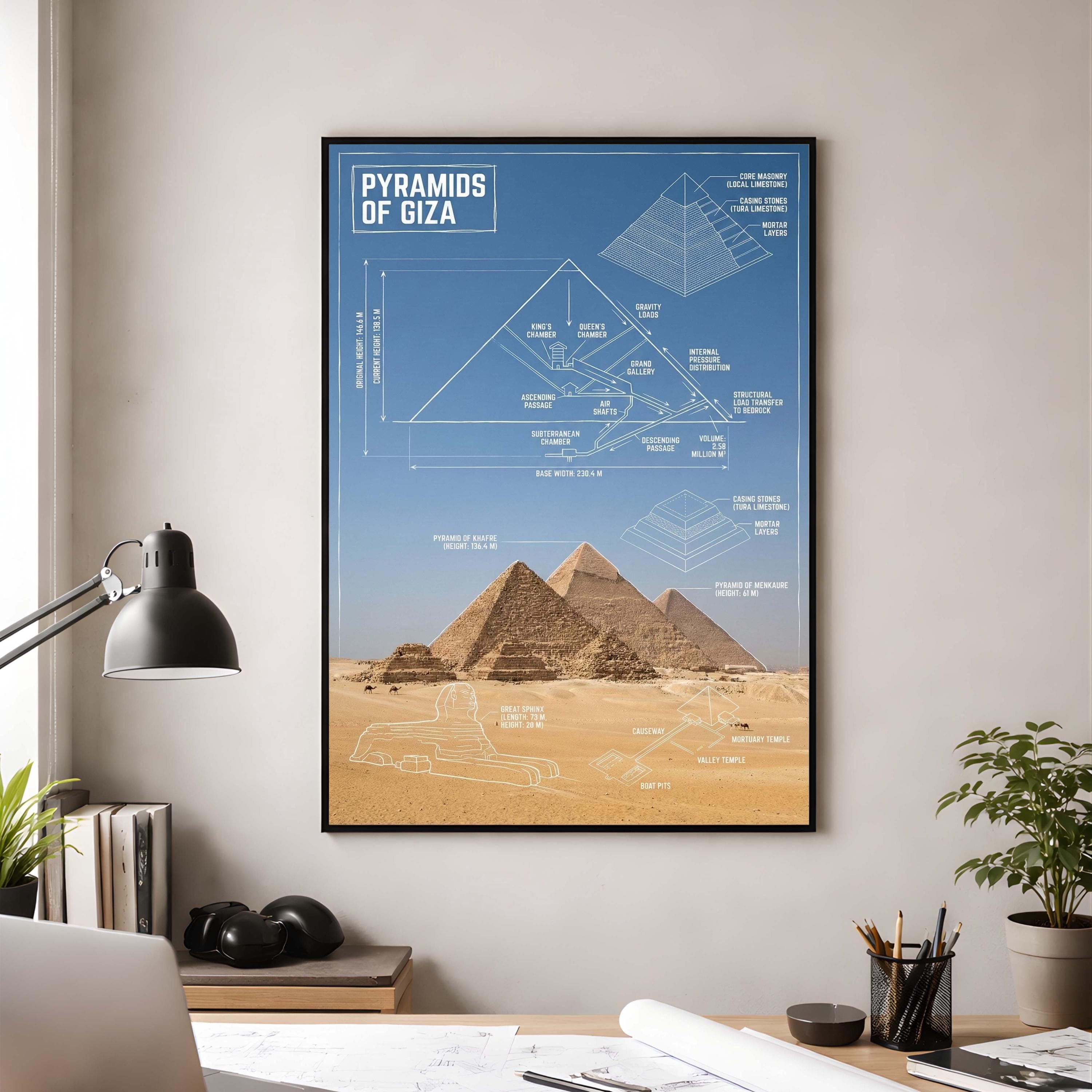 Pyramids of Giza Cross Section | Ancient Egypt Structural Art | Great Sphinx Blueprint | Khufu Internal Chamber | Civil Engineer Gift