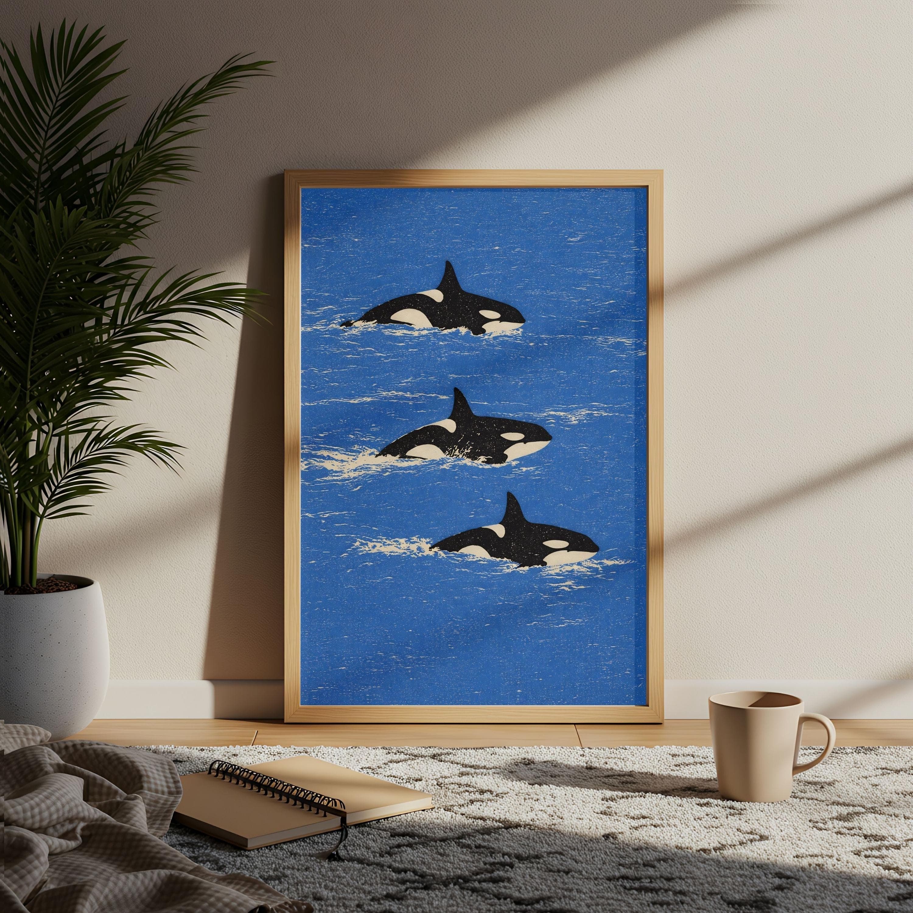 Orca Linocut Print, Coastal Decor Blue Retro Wall Art, Killer Whale Woodblock - image 5