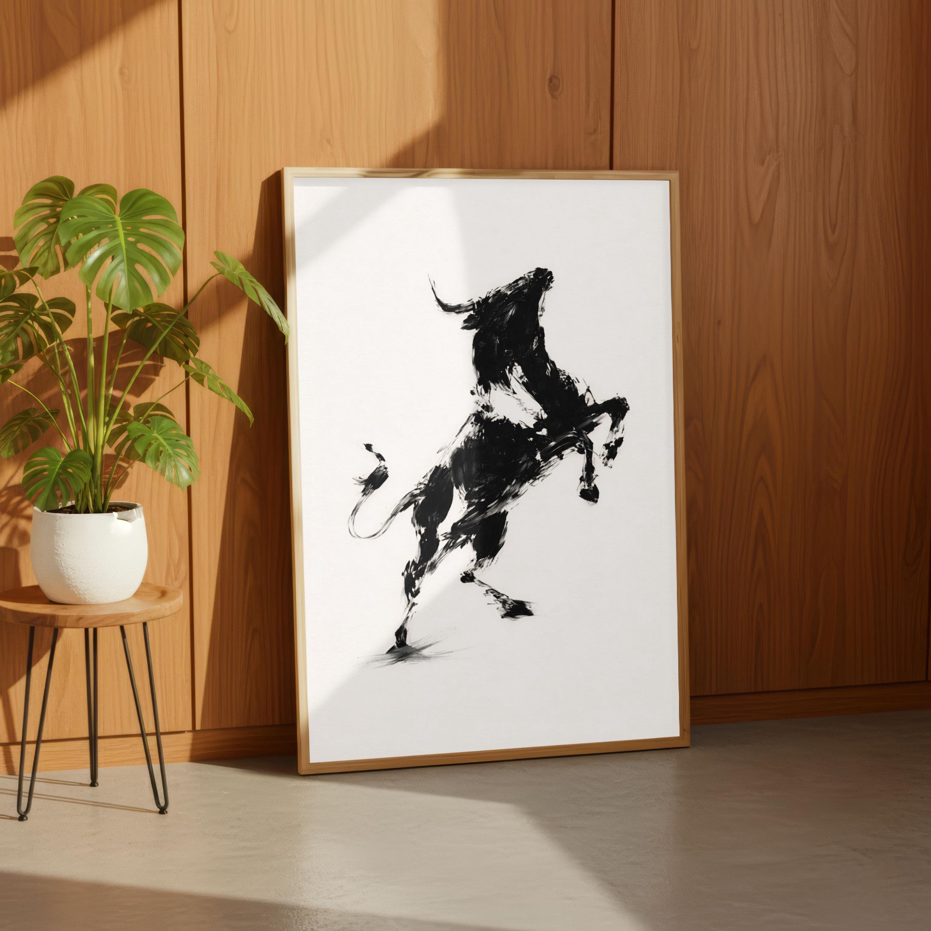 Sumi e Bull Poster, Ink Wash Wall Art, Minimalist Western Decor, Rearing Bull - image 4