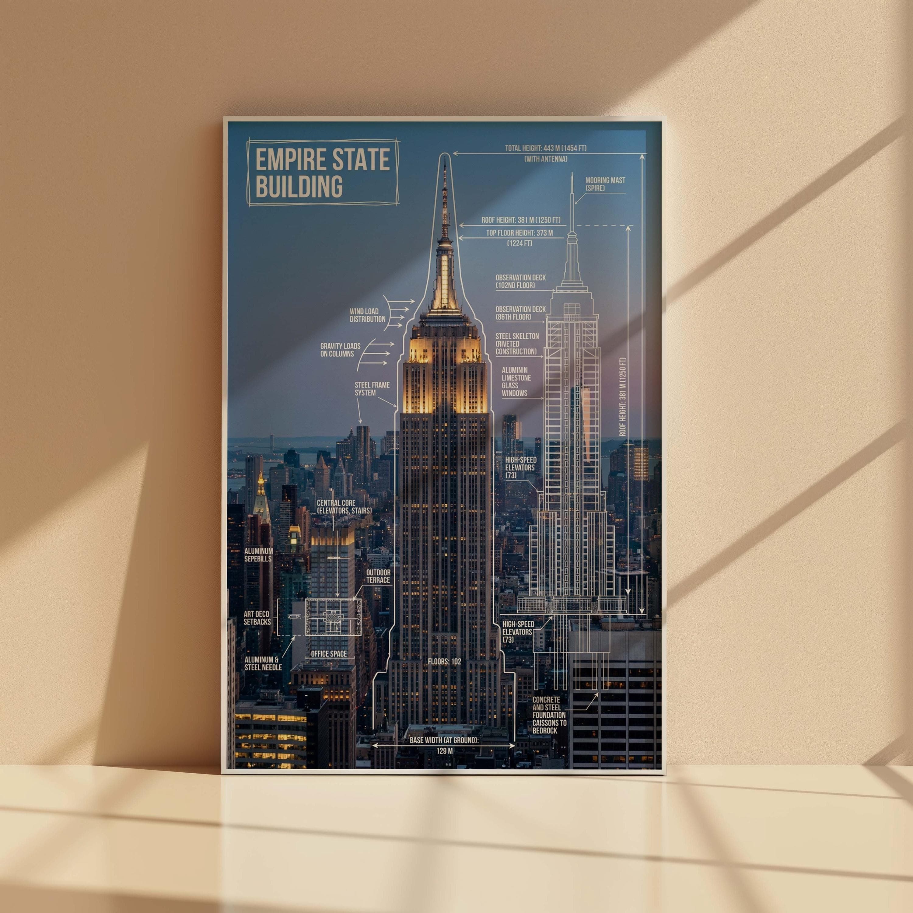 Empire State Structural Blueprint | NYC Skyscraper Art | Steel Frame Diagram | Civil Engineer Gift | Wind Load Chart | Art Deco Architecture - image 3