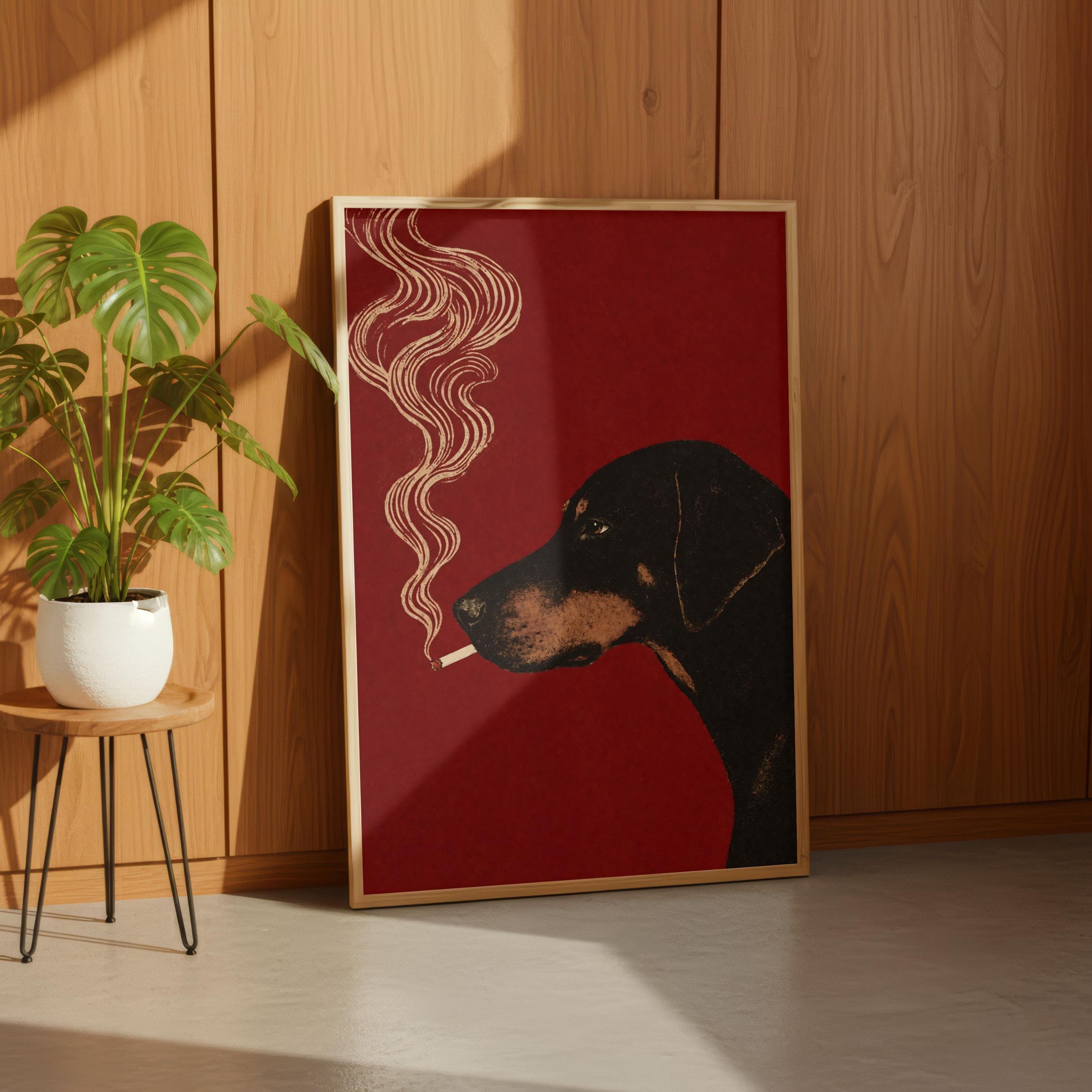 Doberman Smoking Print, Funny Bar Cart Dog Wall Art, Dark Academia Animal Portrait - image 4