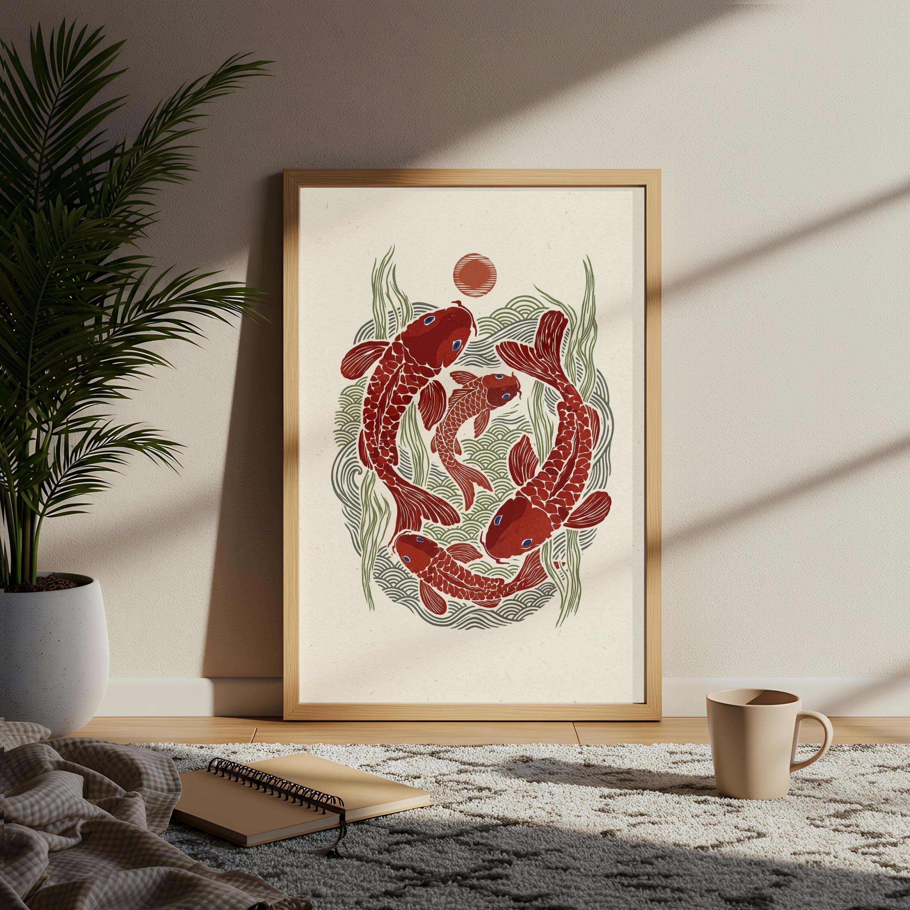 Japandi Koi Fish Poster, Minimalist Zen Decor, Red Sun Art, Linocut Print - image 5