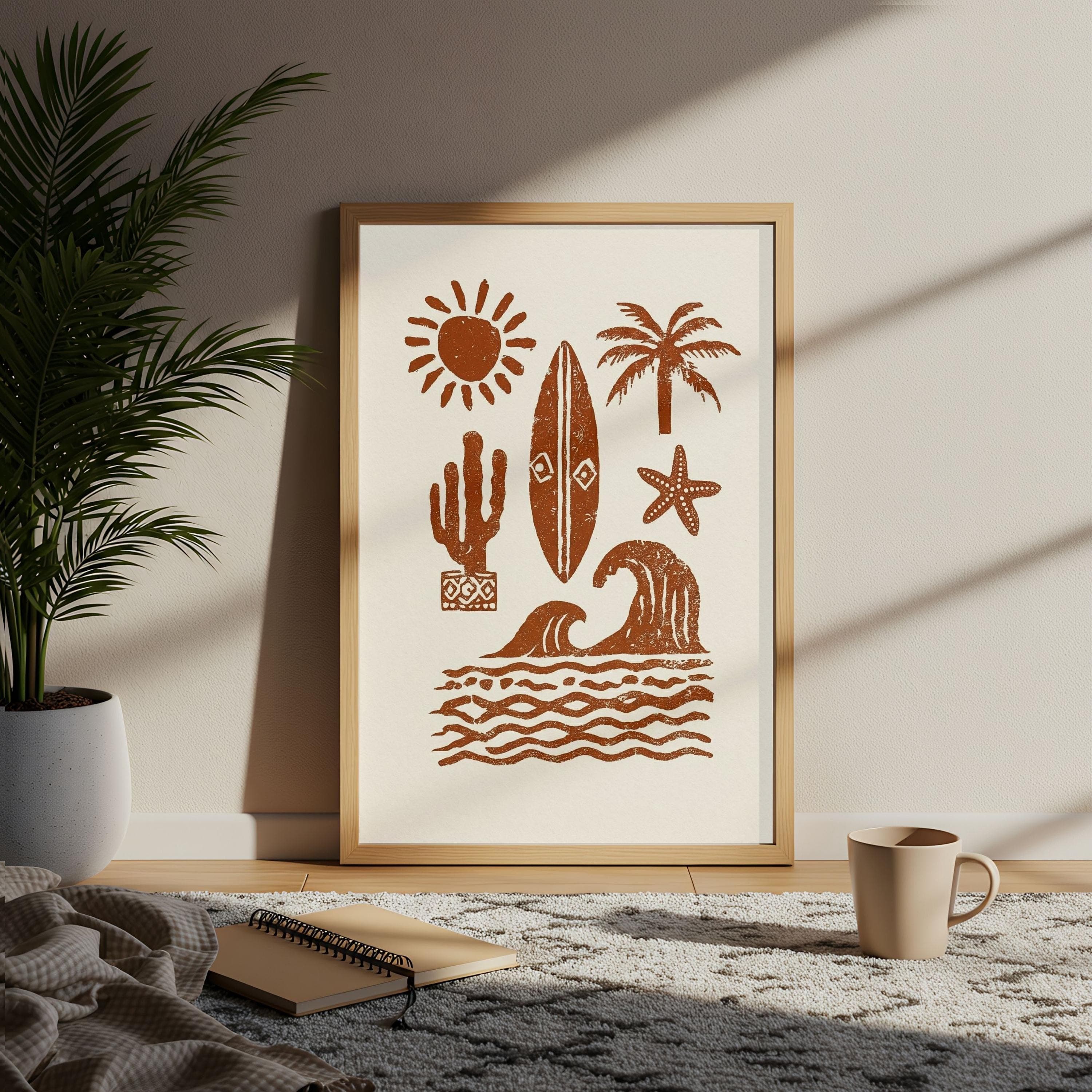Surfboard Art Print, Terracotta Coastal Linocut, Cactus and Wave Poster - image 5