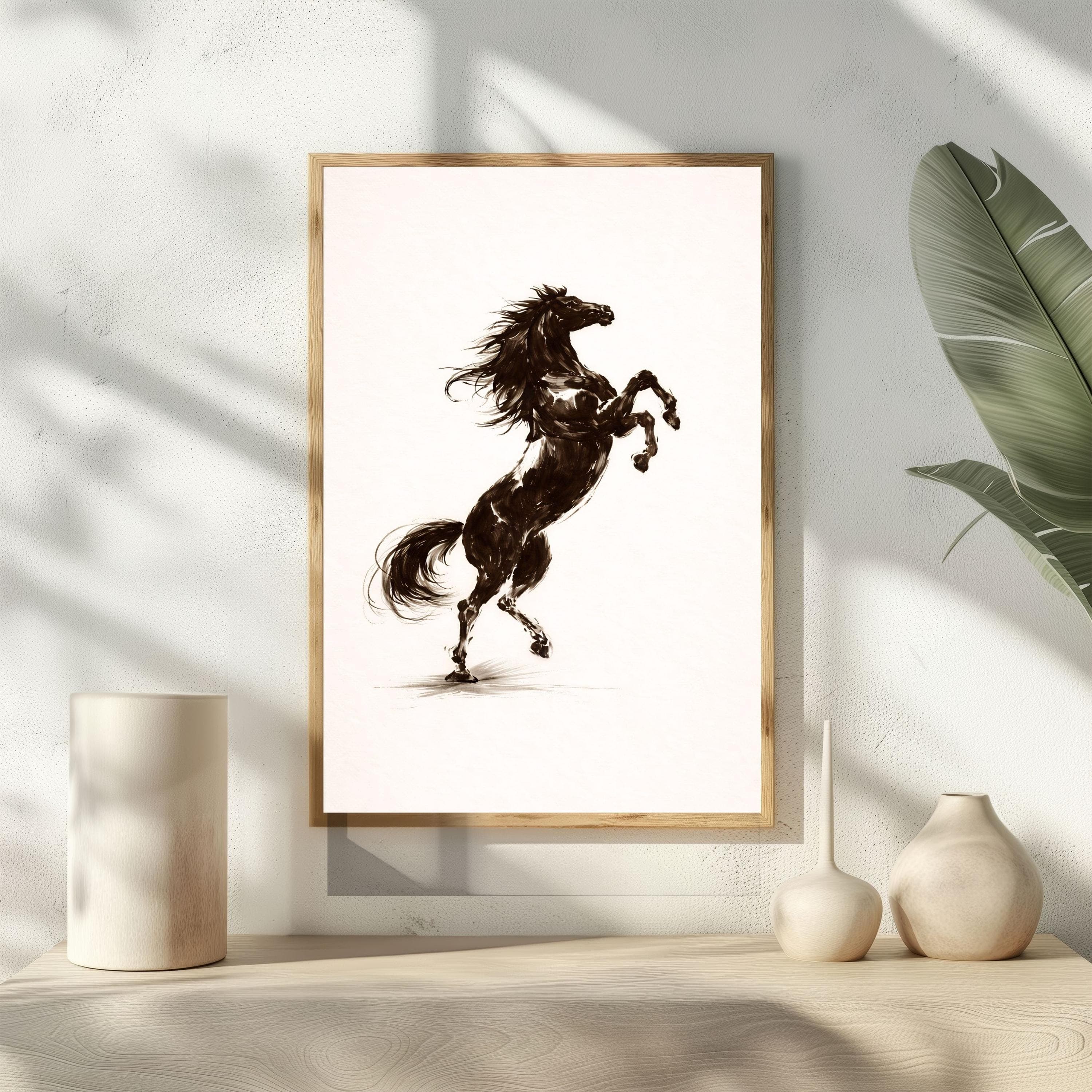 Sumi e Horse Poster, Ink Wash Wall Art, Rearing Horse, Minimalist Equine Print