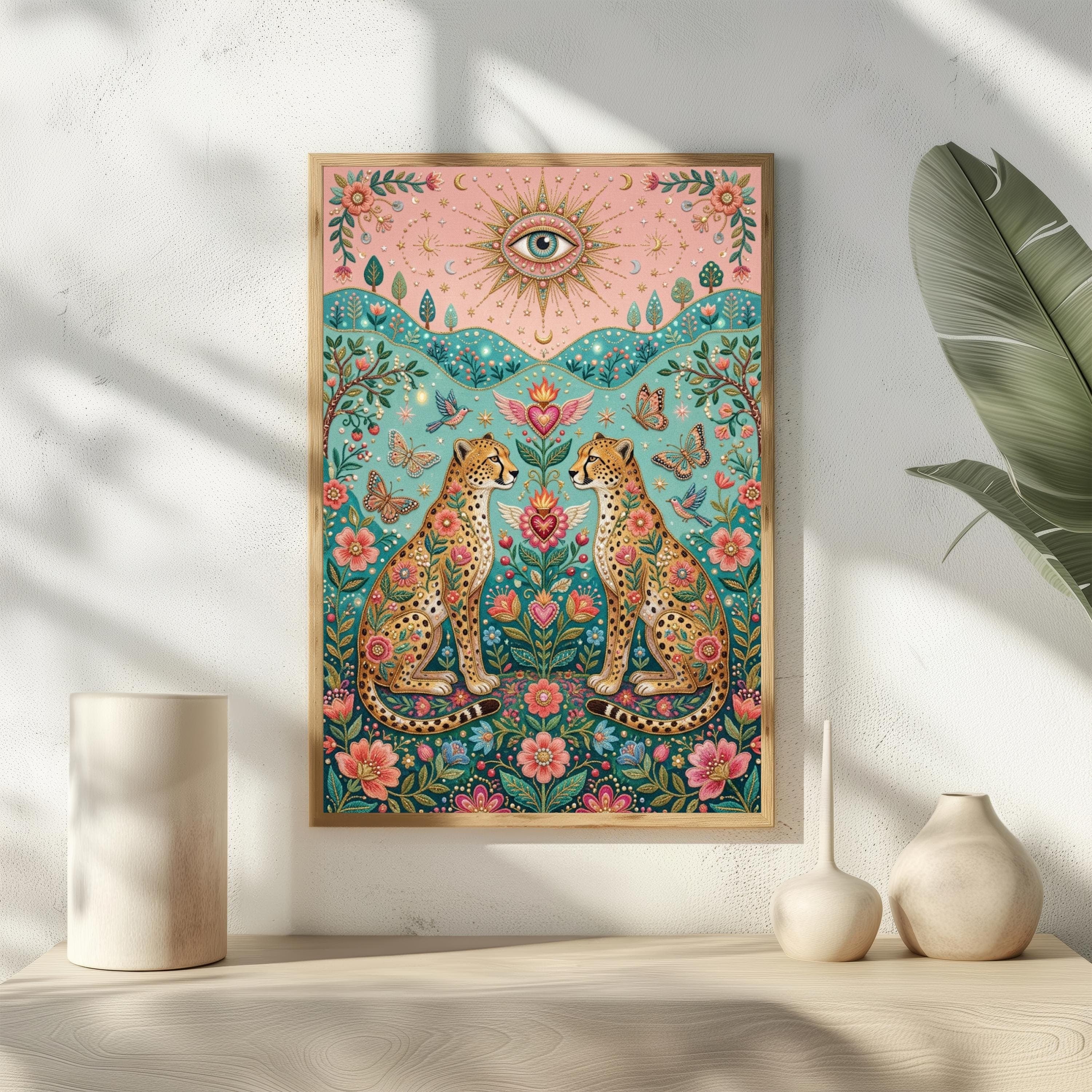 Maximalist Cheetah Wall Art, Faux Embroidery Print, Sacred Heart, Evil Eye Poster