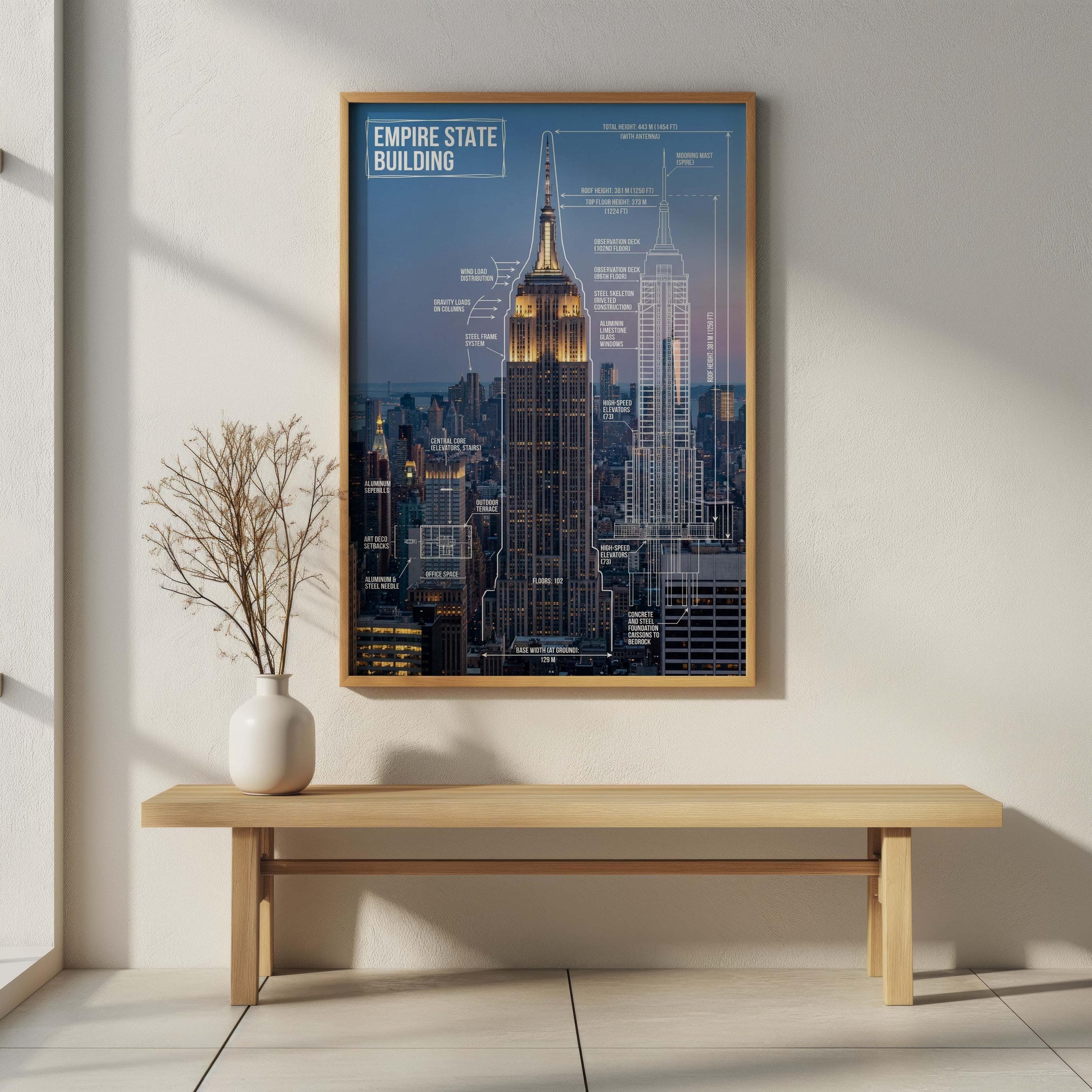 Empire State Structural Blueprint | NYC Skyscraper Art | Steel Frame Diagram | Civil Engineer Gift | Wind Load Chart | Art Deco Architecture - image 4