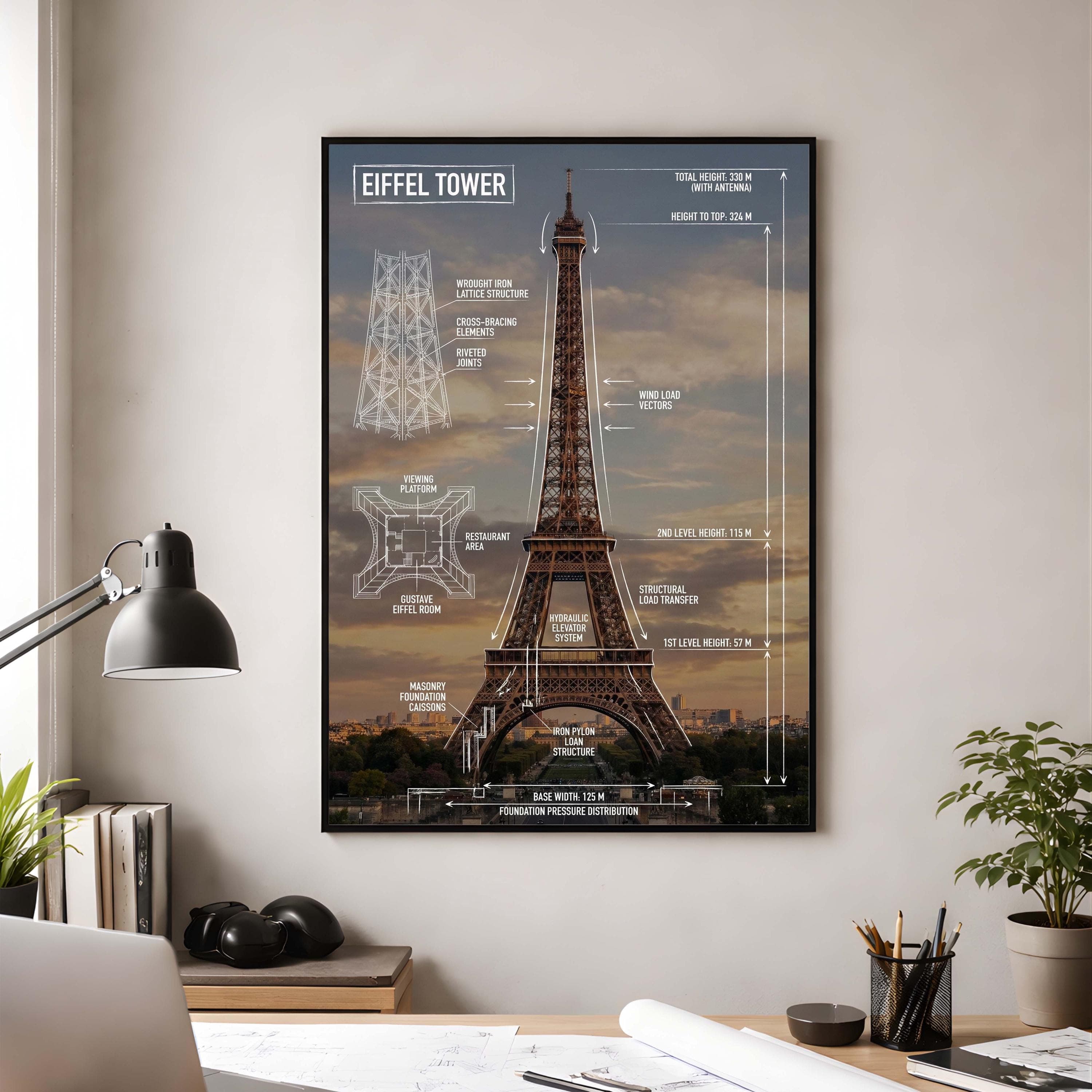 Eiffel Tower Blueprint Poster | Paris Engineering Art Print