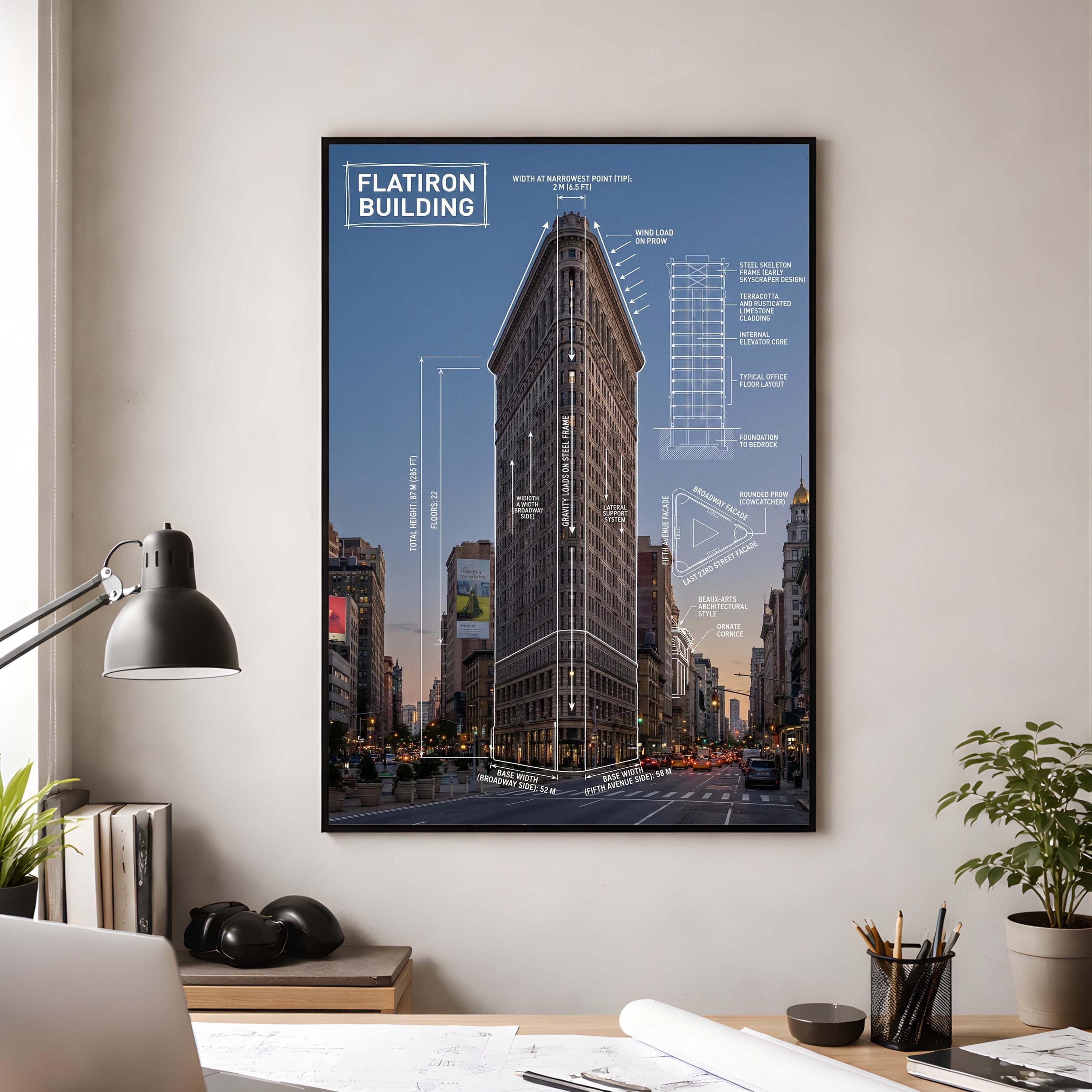 Flatiron Building Blueprint Poster | NYC Skyscraper Technical Drawing | Structural Engineer Gift | Architect Office Wall Art