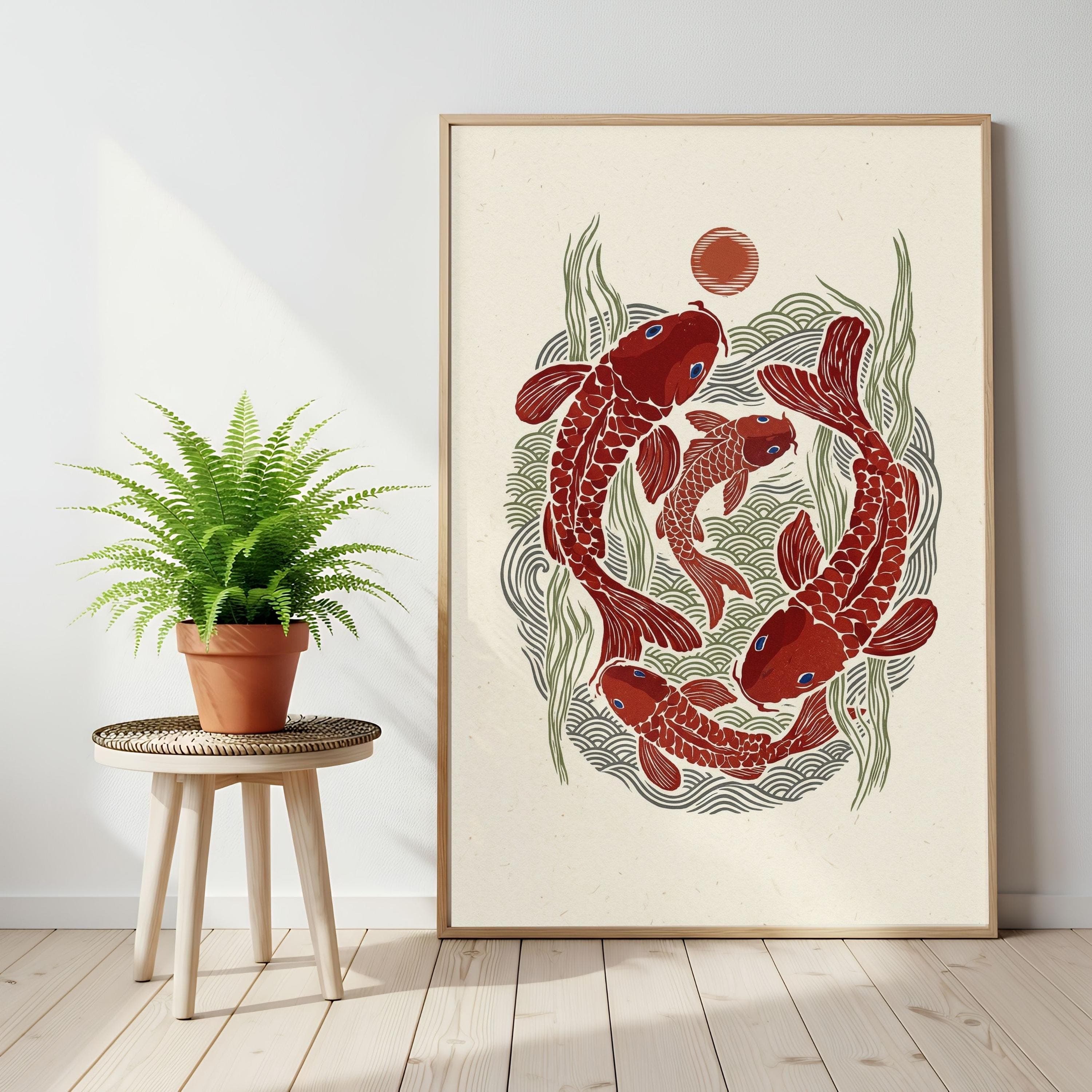 Japandi Koi Fish Poster, Minimalist Zen Decor, Red Sun Art, Linocut Print - image 3