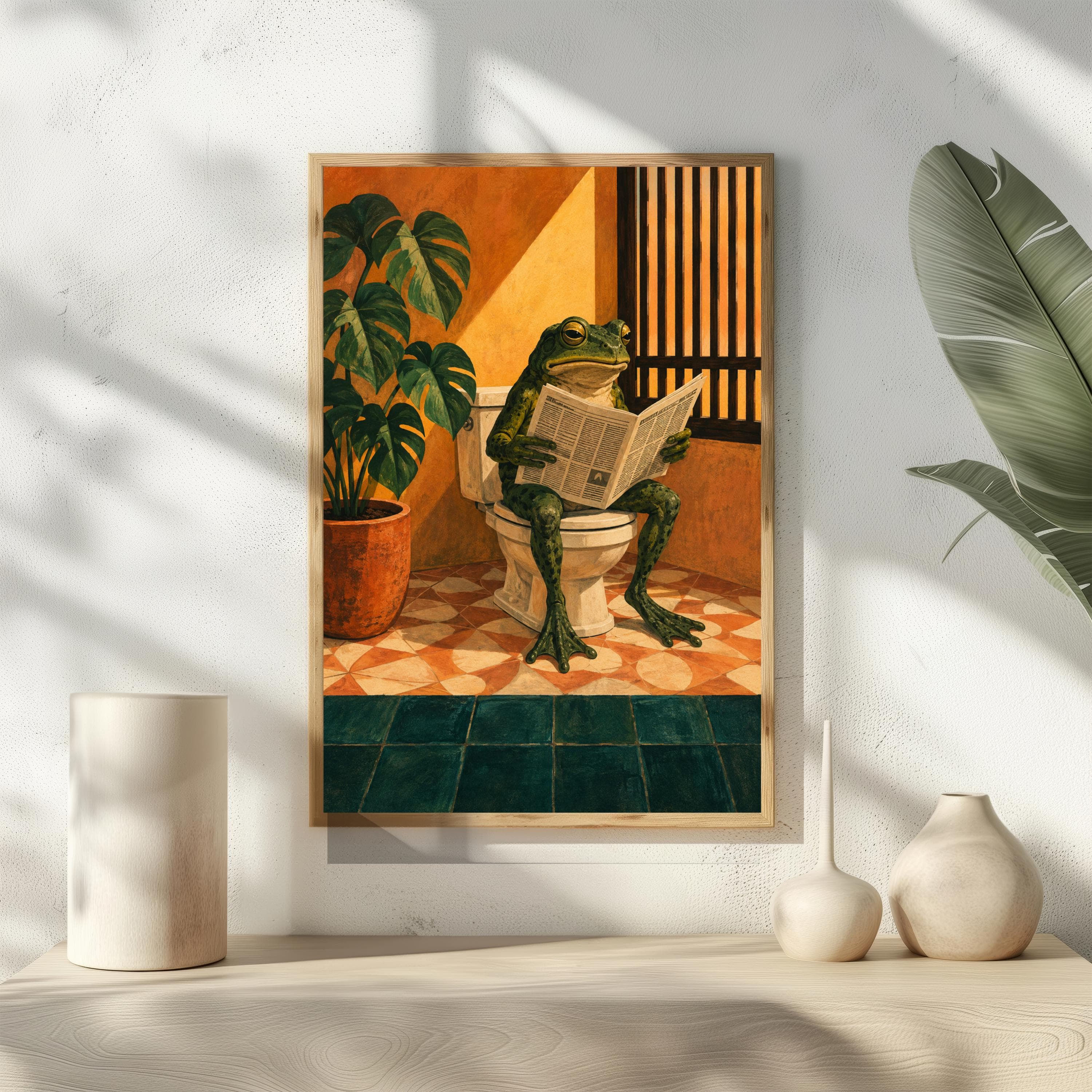 Frog on Toilet Print, Vintage Bathroom Wall Art, Newspaper Frog Poster, Guest Bath Decor