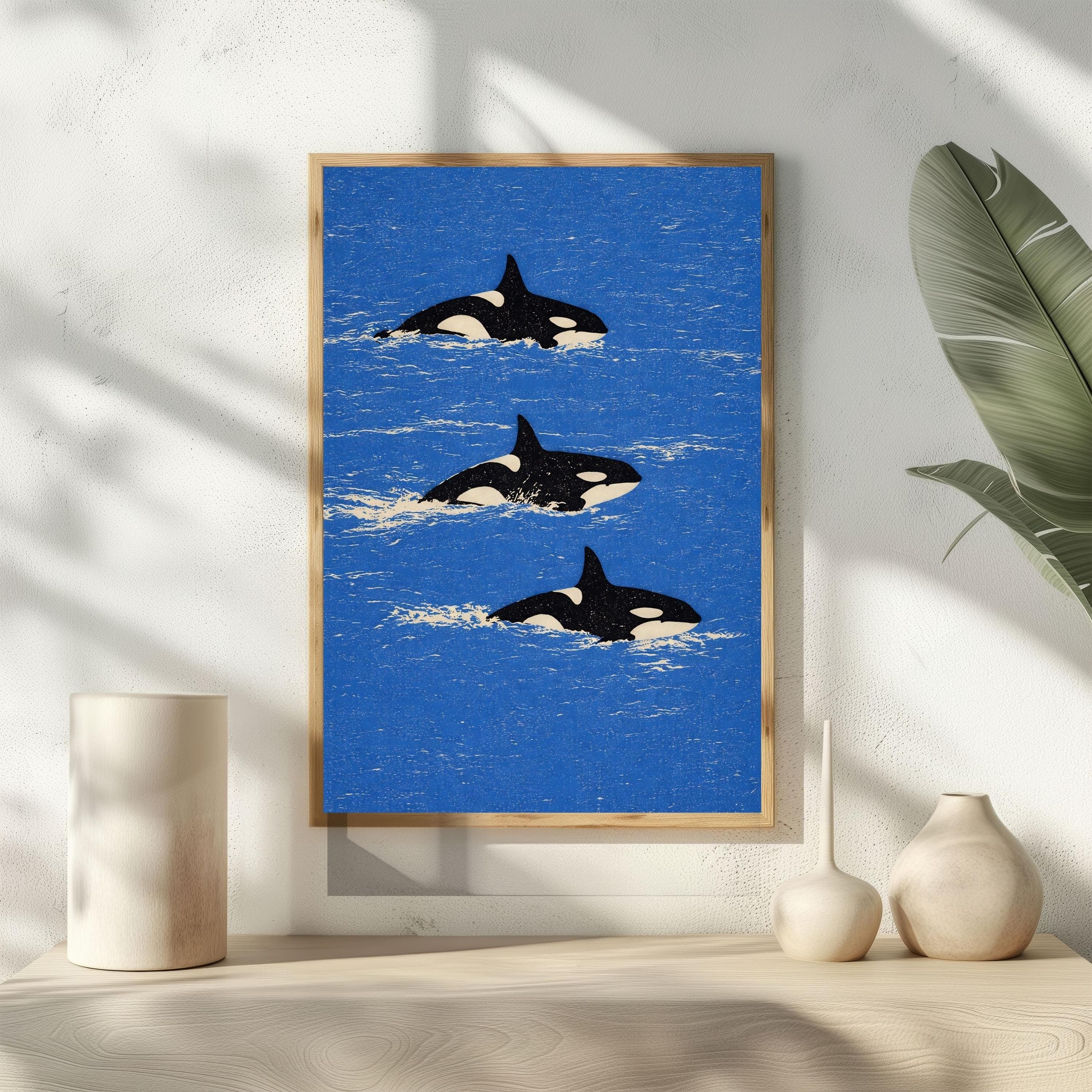 Orca Linocut Print, Coastal Decor Blue Retro Wall Art, Killer Whale Woodblock