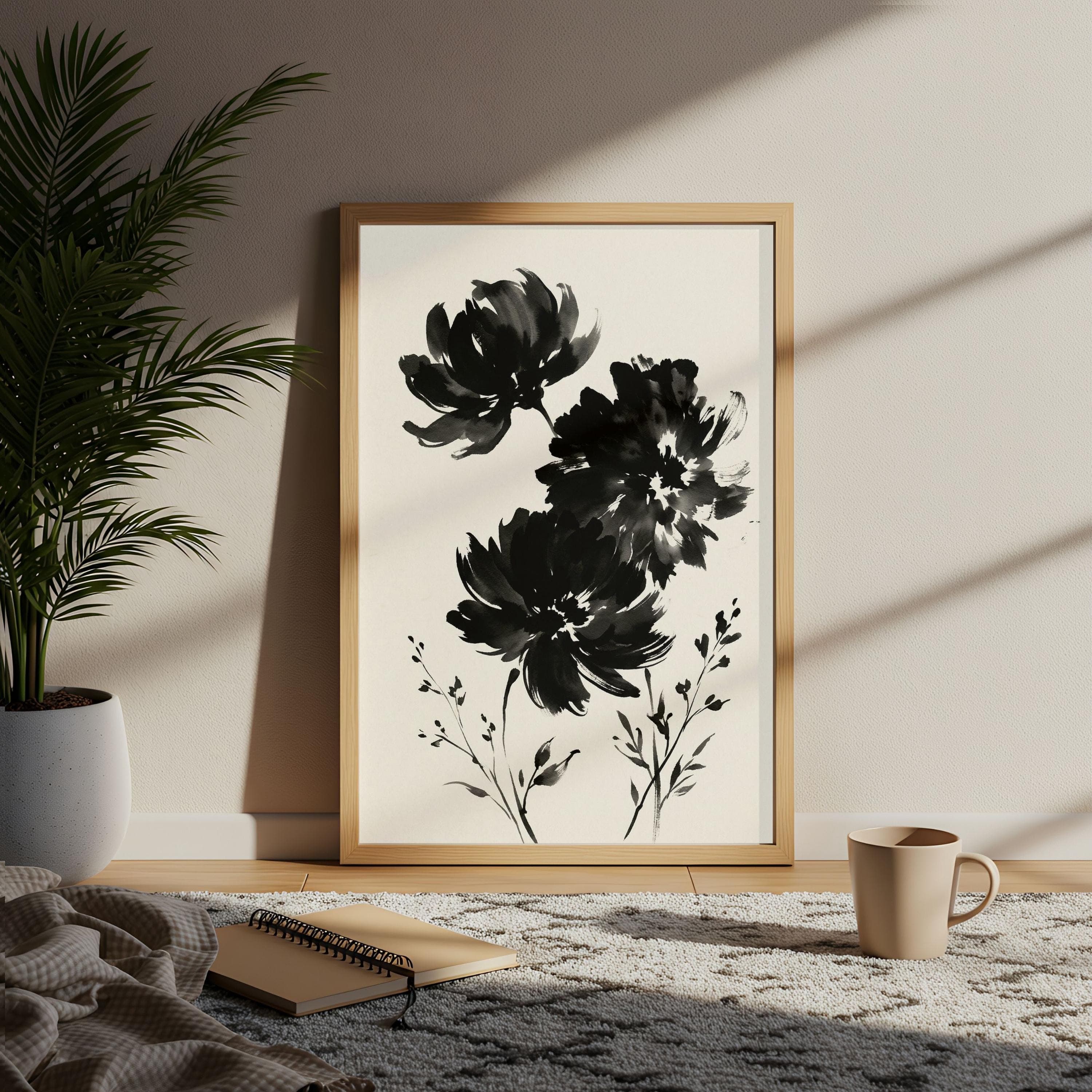 Japandi Floral Wall Art, Sumi-e Ink Wash Painting, Black Ink Flower Zen Poster - image 5
