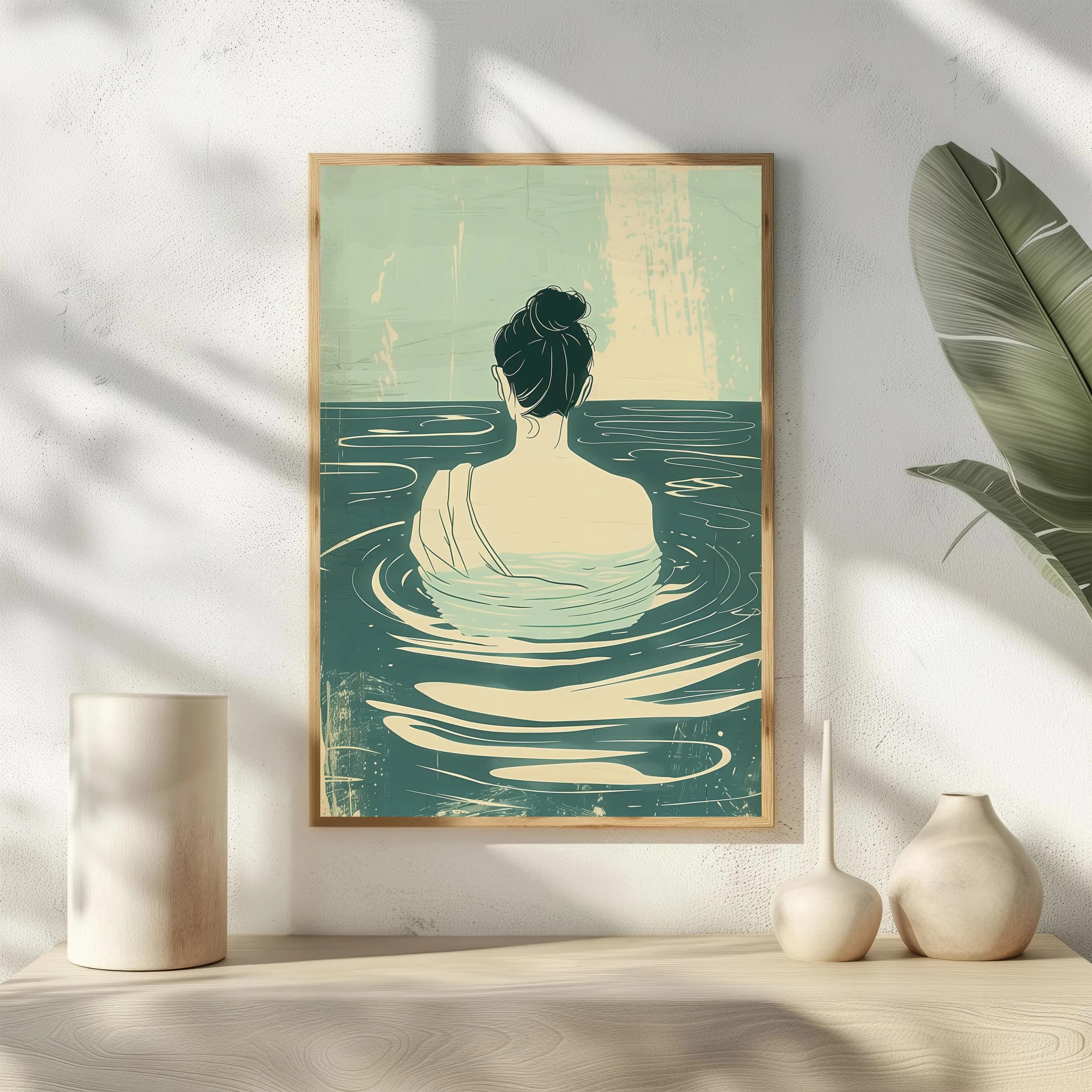 Sage Green Bathroom Wall Art, Minimalist Woman in Water Print, Teal Spa Decor, Modern Calm Poster, Serene Back View, Earthy Tone Art