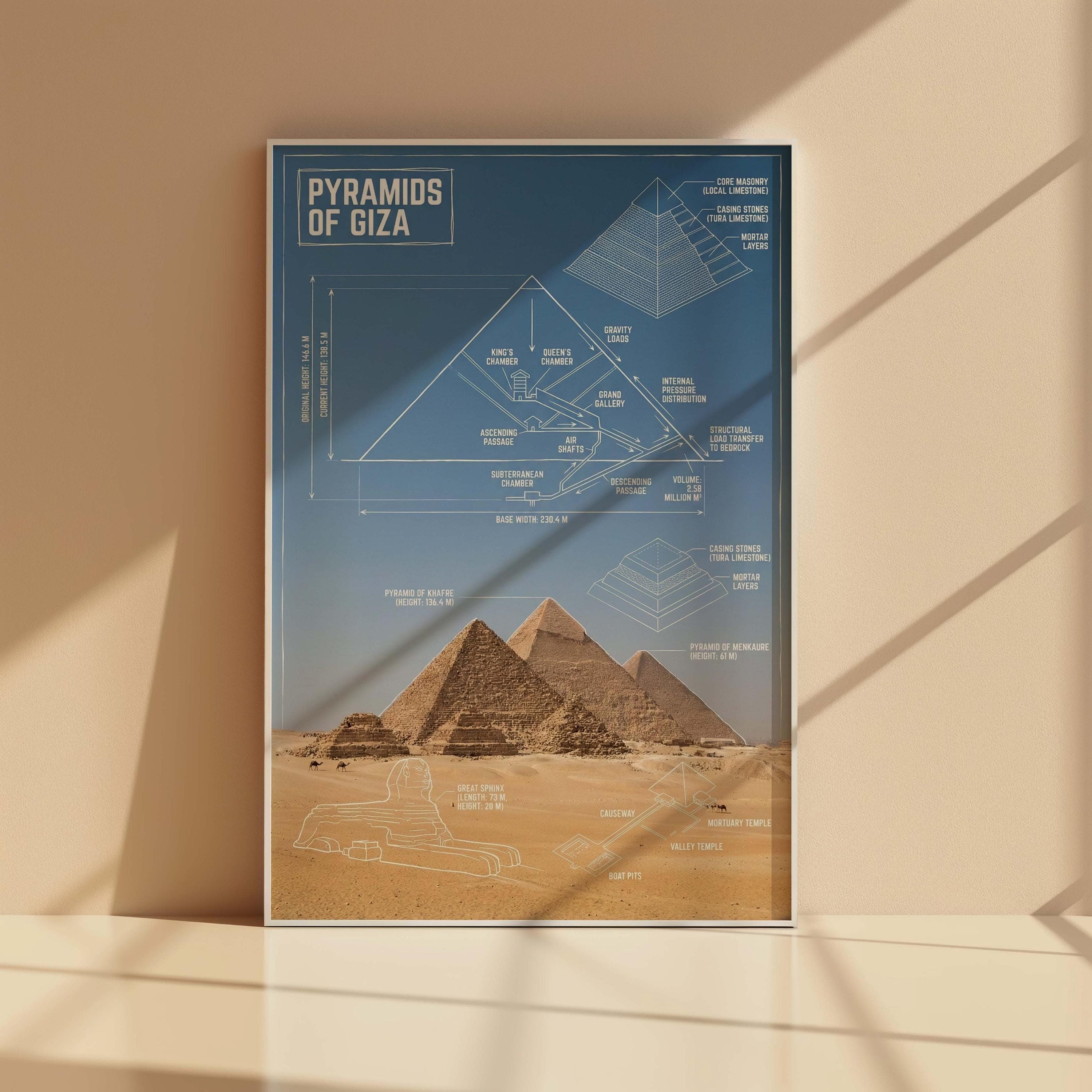Pyramids of Giza Cross Section | Ancient Egypt Structural Art | Great Sphinx Blueprint | Khufu Internal Chamber | Civil Engineer Gift - image 3