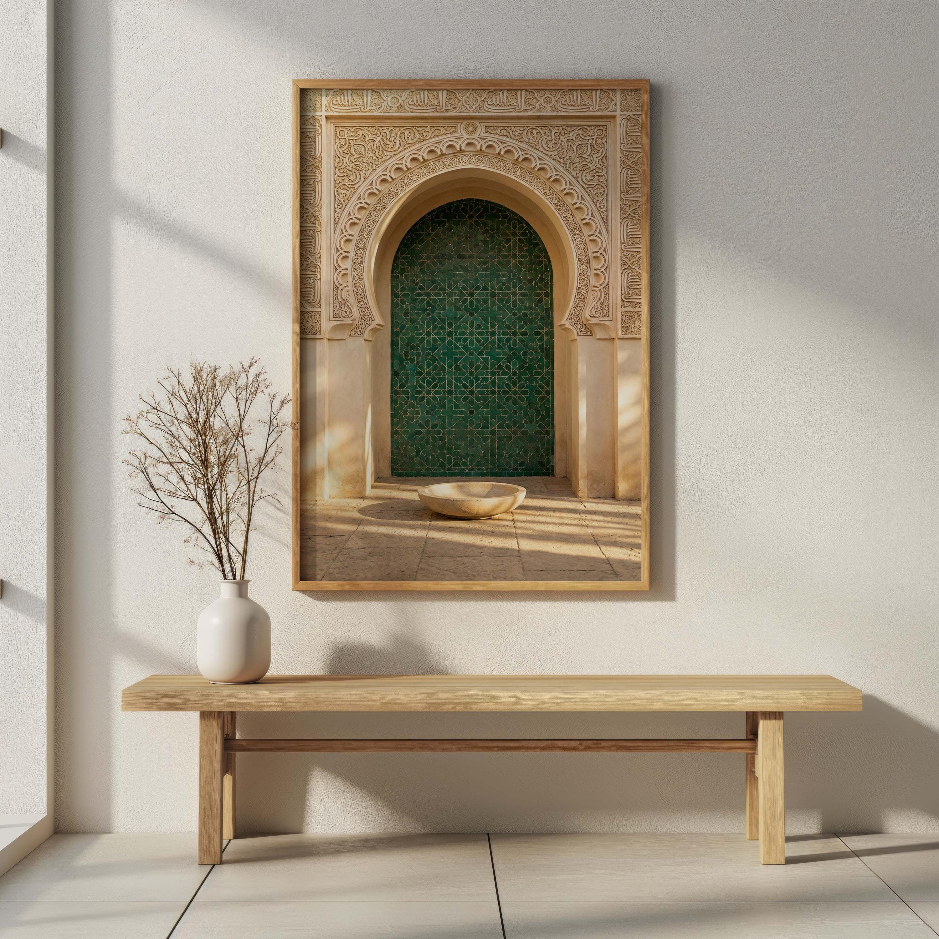 Emerald Green Zellige Mihrab Wall Art, Moroccan Archway Print, Islamic Geometry Poster, Sunlit Andalusian Architecture - image 4