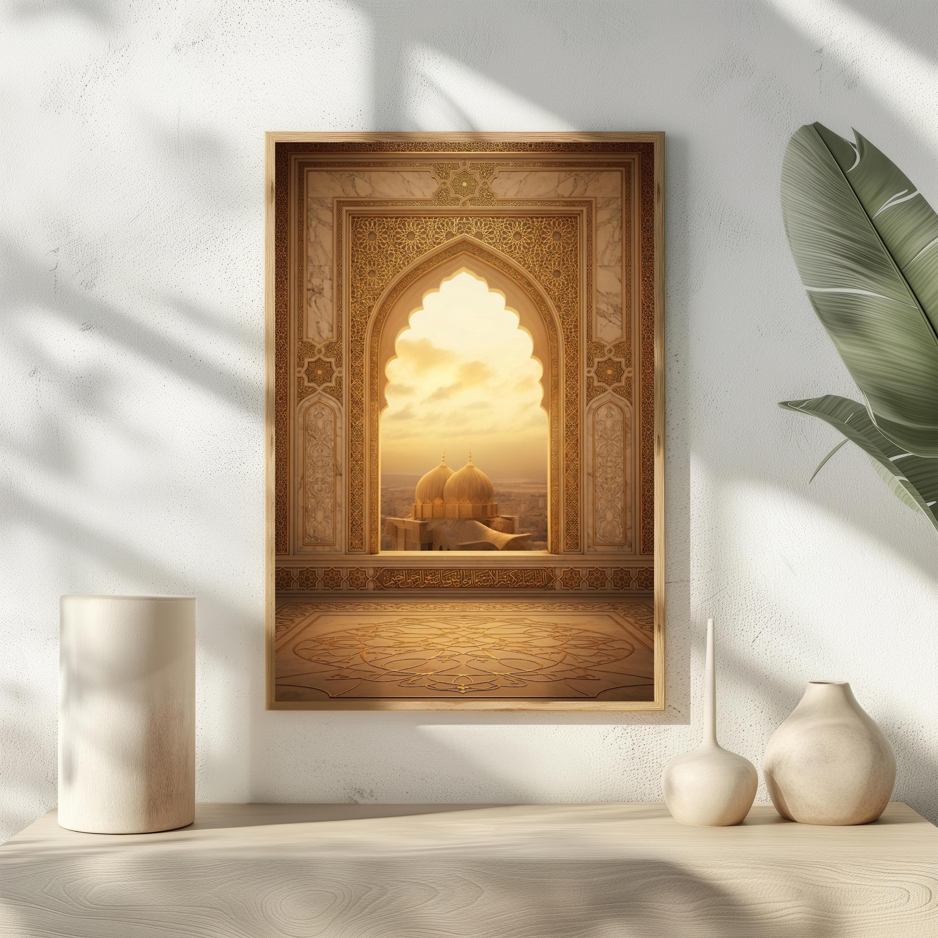Islamic Mosque Archway Print, Golden Sunset Dome View, Arabic Architecture Art
