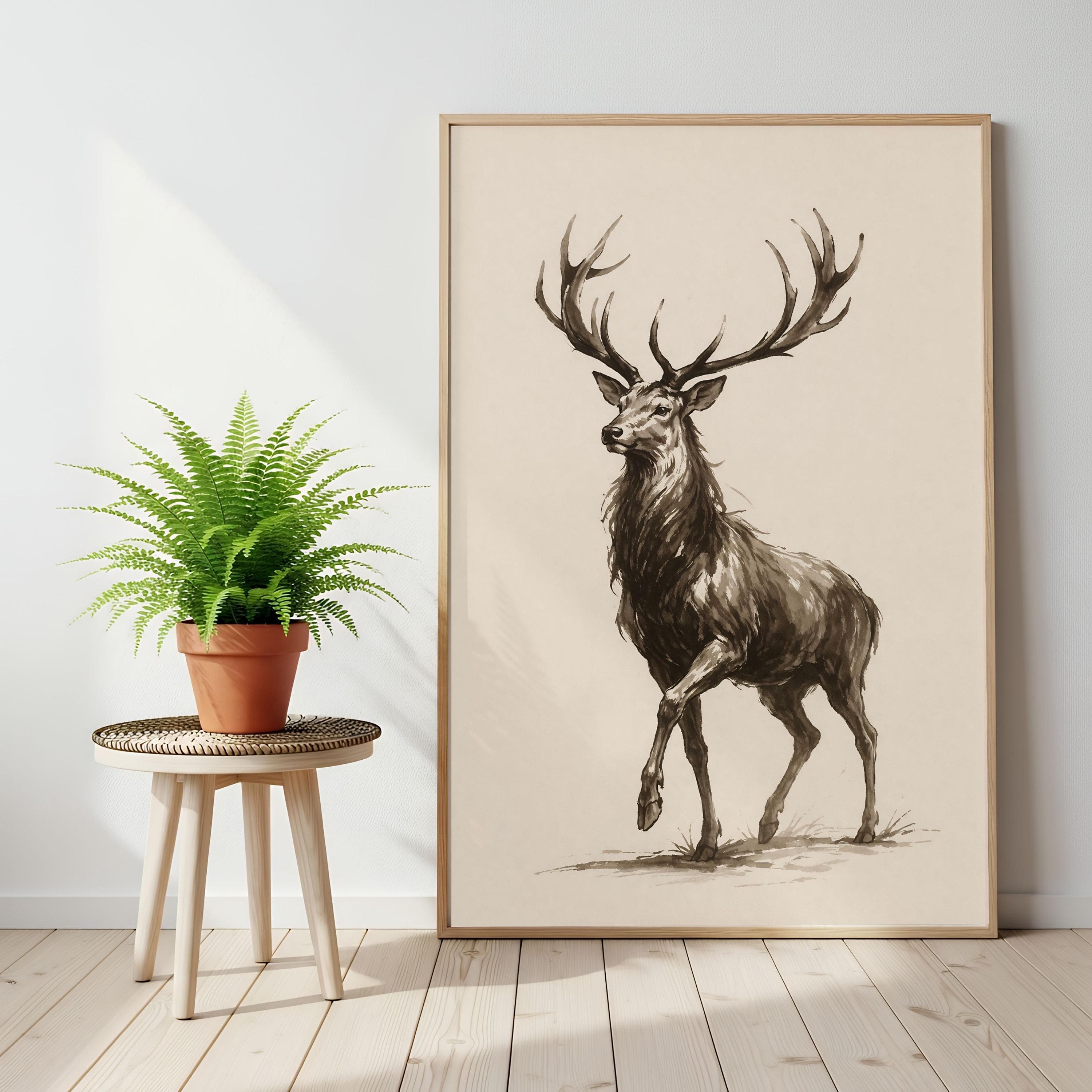 Vintage Stag Drawing, Rustic Cabin Decor, Elk Poster, Sepia Deer Wall Art Sketch - image 3
