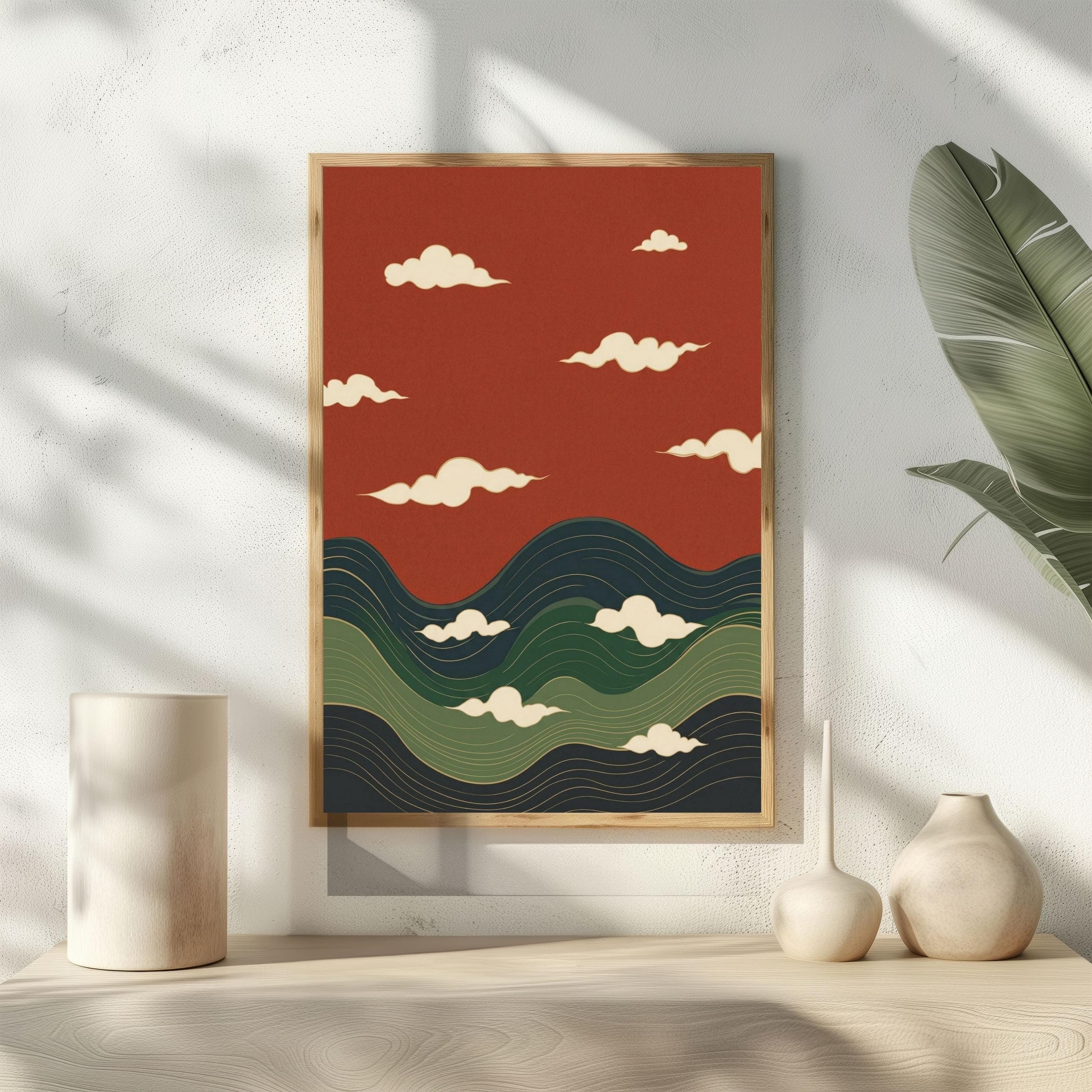 Japanese Cloud Poster, Abstract Wavy Hills, Terracotta Red Zen Landscape Art