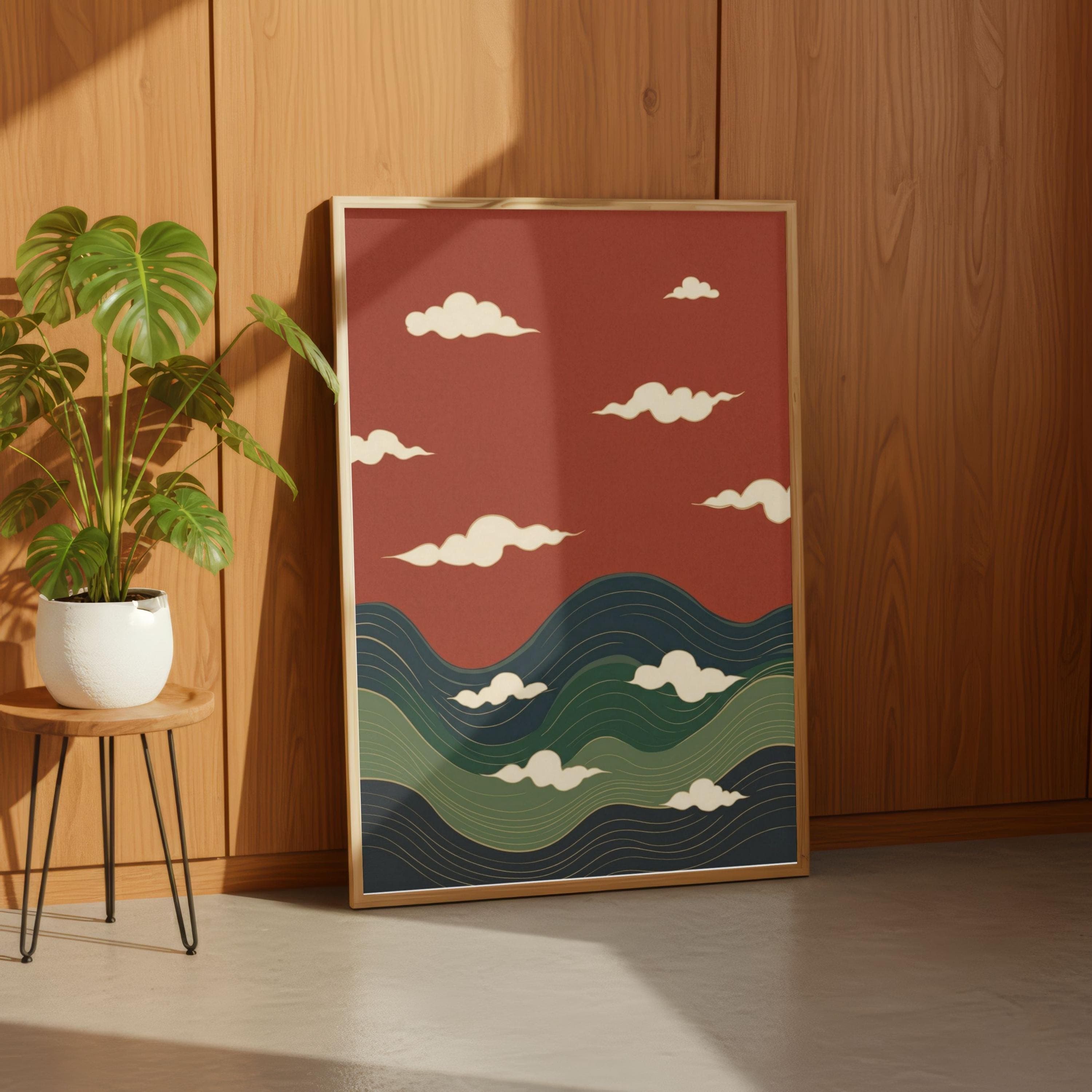Japanese Cloud Poster, Abstract Wavy Hills, Terracotta Red Zen Landscape Art - image 4