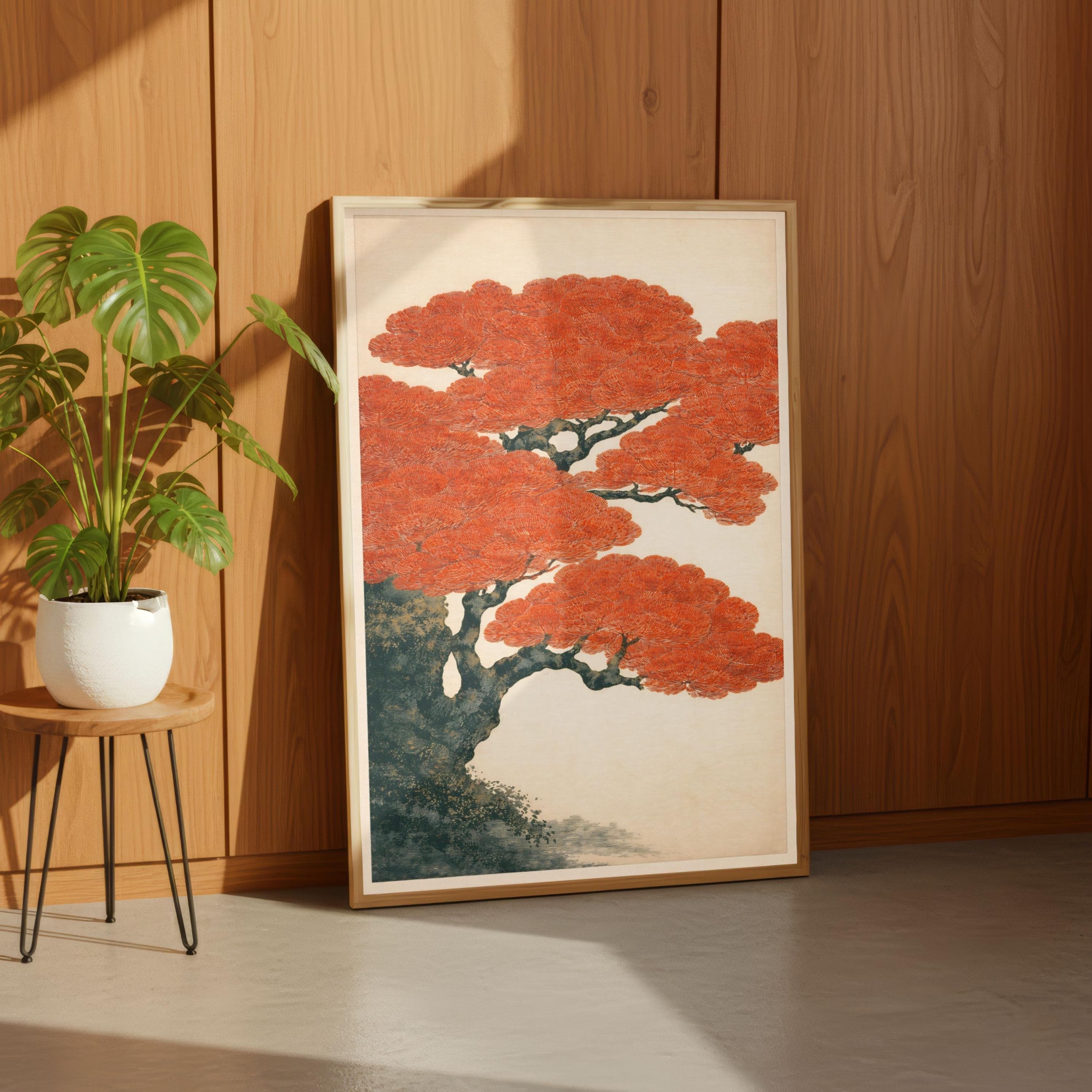 Japanese Pine Tree Print, Red Foliage Japandi Wall Art, Shin-hanga Poster - image 4