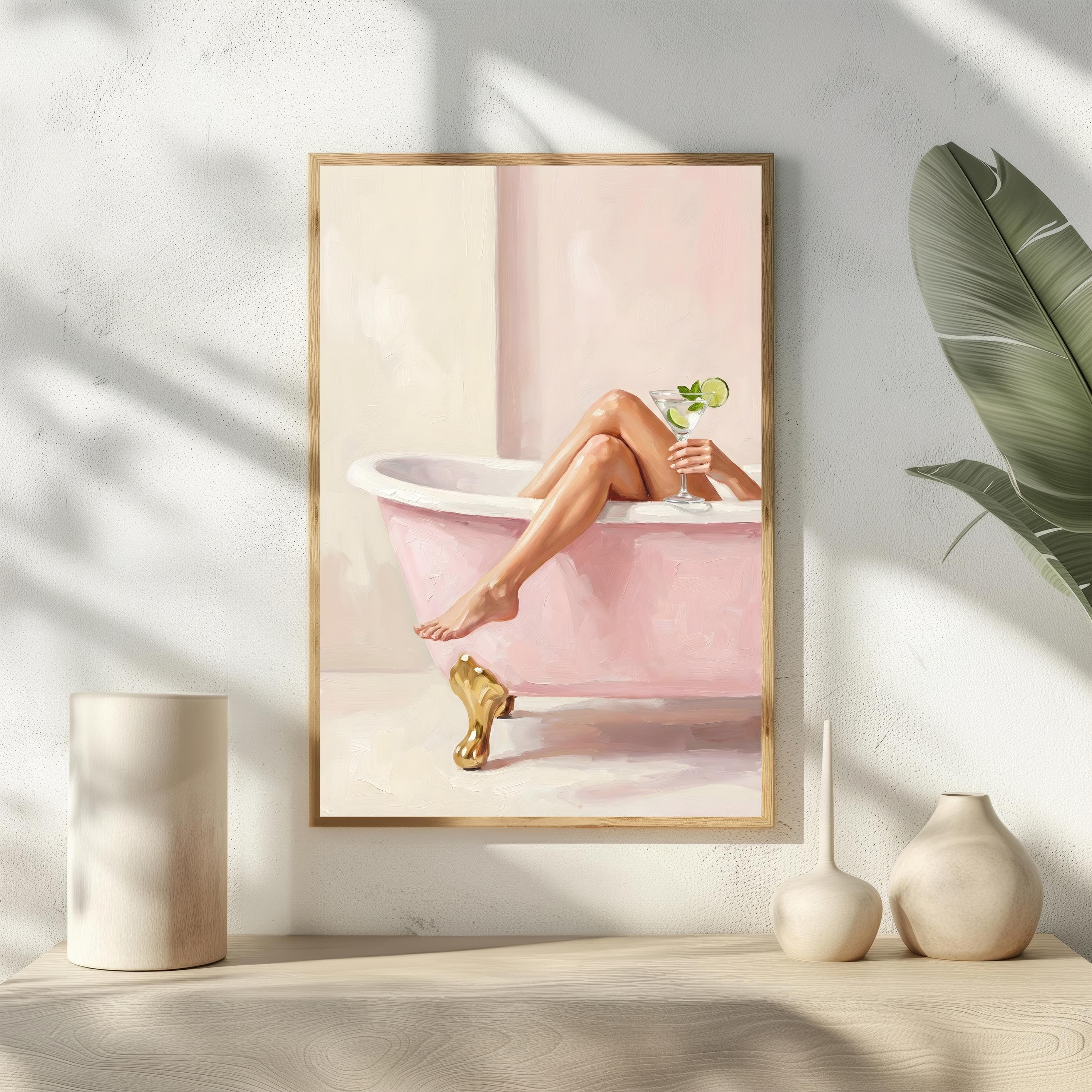 Preppy Bathroom Wall Art | Pink Bathtub Martini Print | Self Care Poster | Glam Cocktail Decor | Fashion Illustration | Girly Apartment Gift