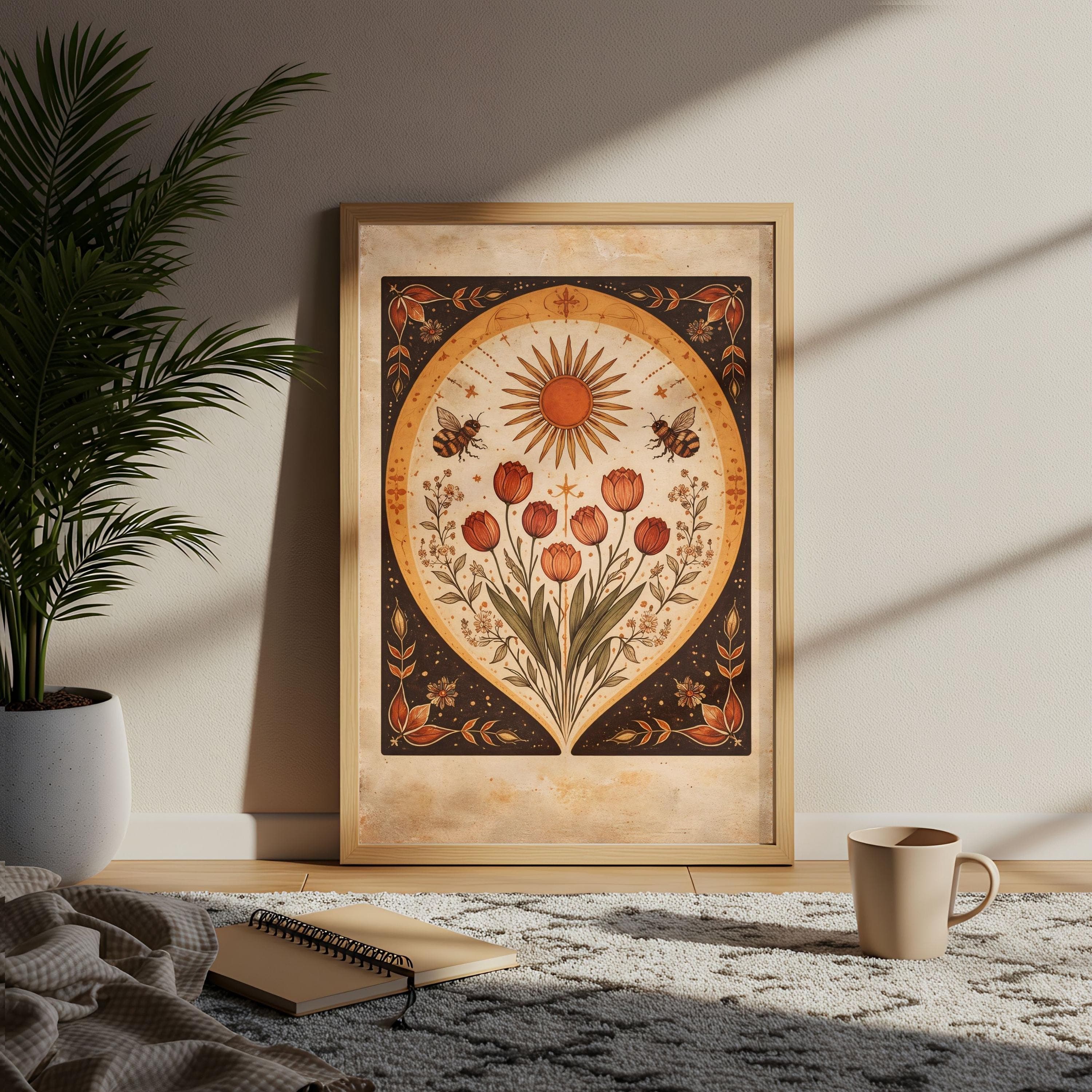Whimsigoth Sun Wall Art, Vintage Tarot Card Poster, Red Tulip Bee Botanical Art - image 5