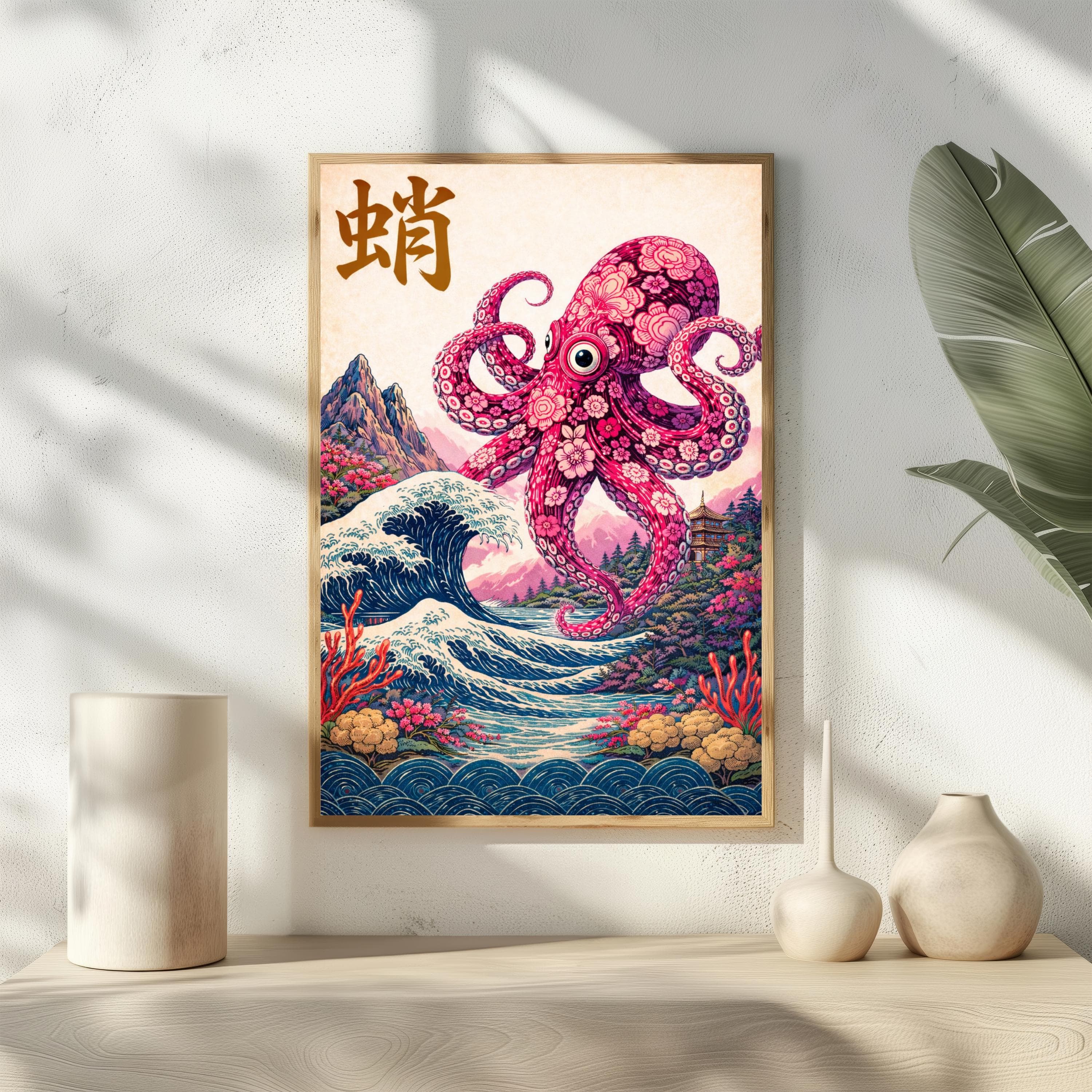 Pink Floral Octopus Print, Japanese Wave Wall Art, Maximalist Sea Creature Poster