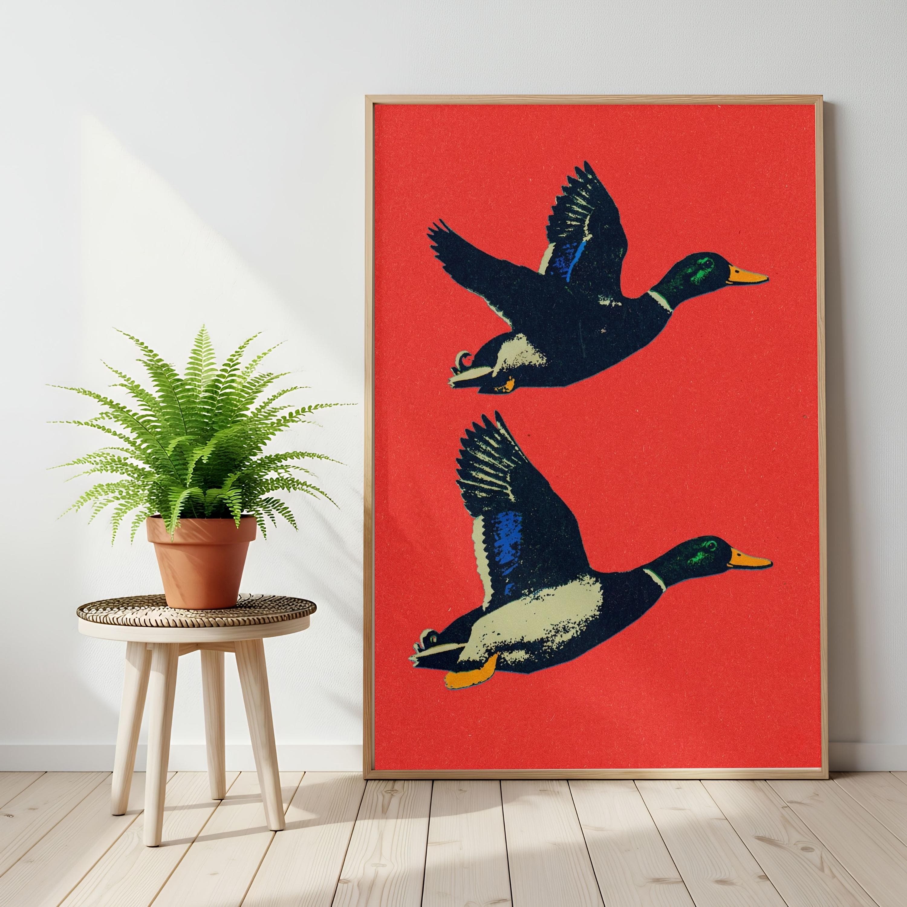 Flying Mallard Duck Poster, Retro Pop Art, Red Background Graphic, Vintage Decor - image 3