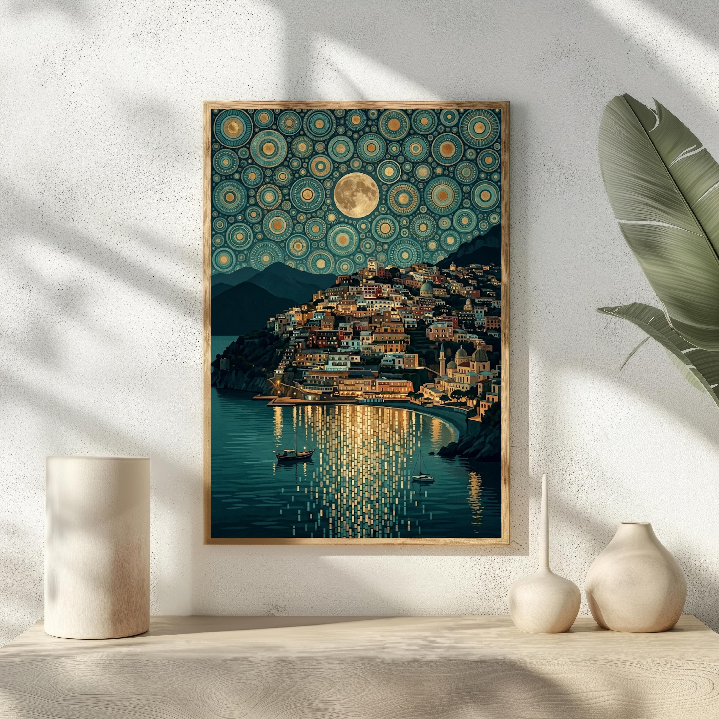 Positano Night Art Print, Klimt Coastal Village Wall Decor