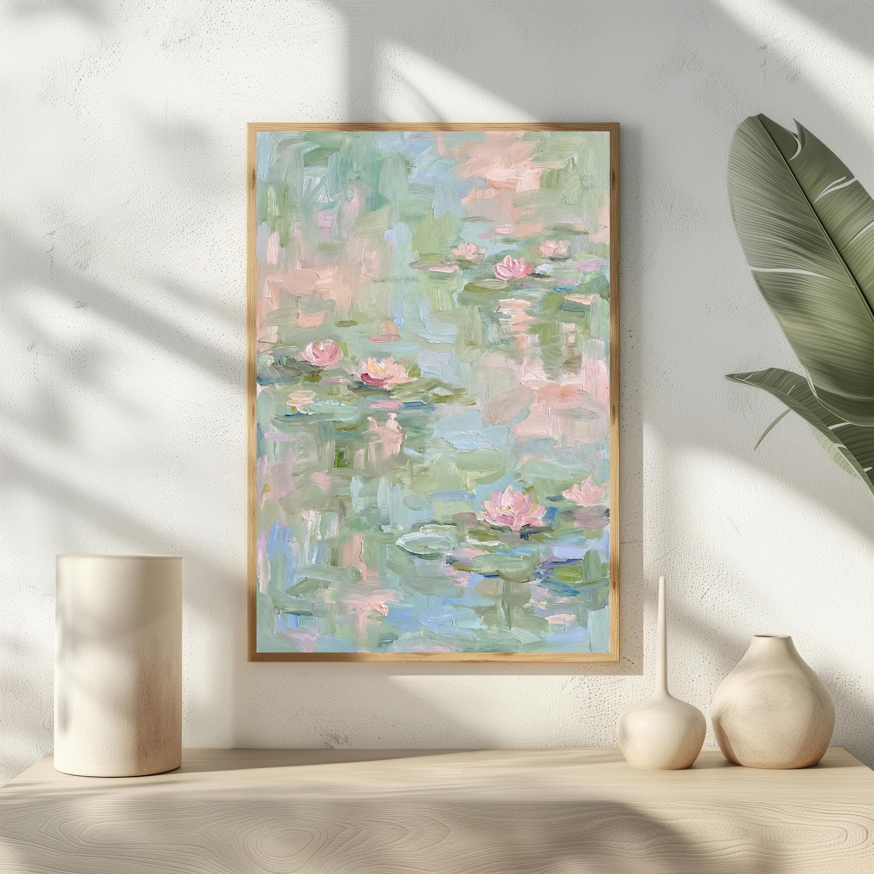Abstract Water Lily Pond Print, Sage Green and Pink Wall Art, Textured Impasto Oil Painting, Modern Floral Poster, Pastel Nursery Decor