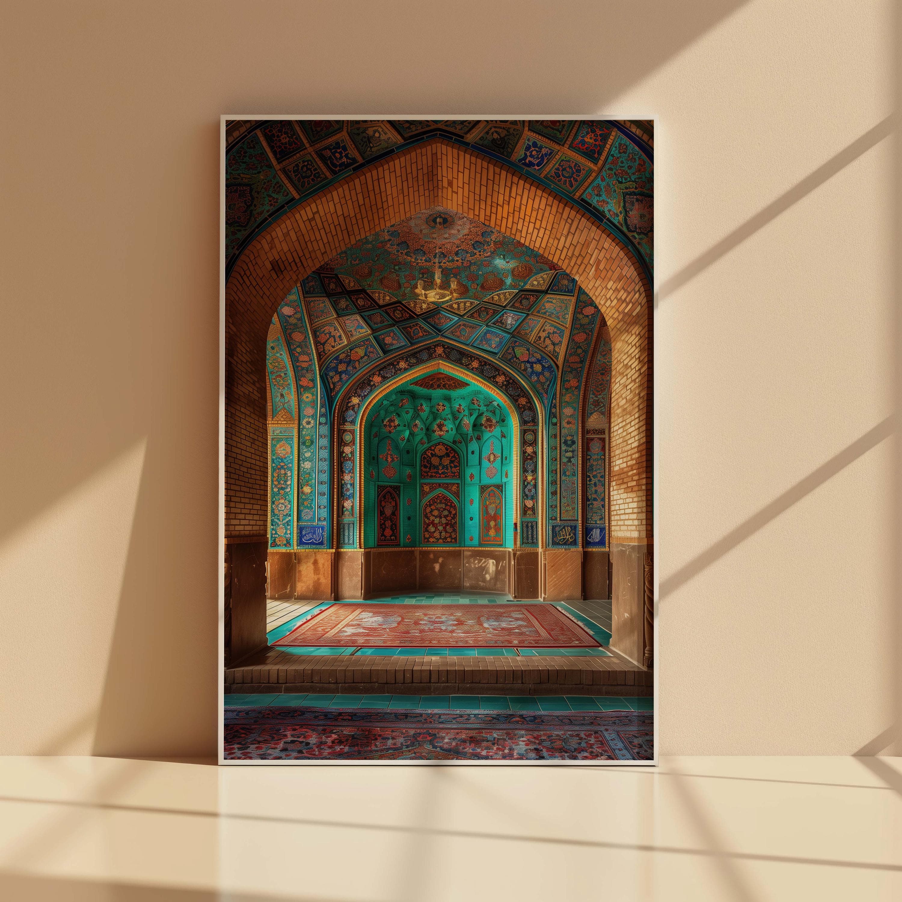 Islamic Prayer Room Wall Art | Turquoise Mihrab Arch Interior | Mosque Architecture Photography Print with Prayer Rug Decor - image 2