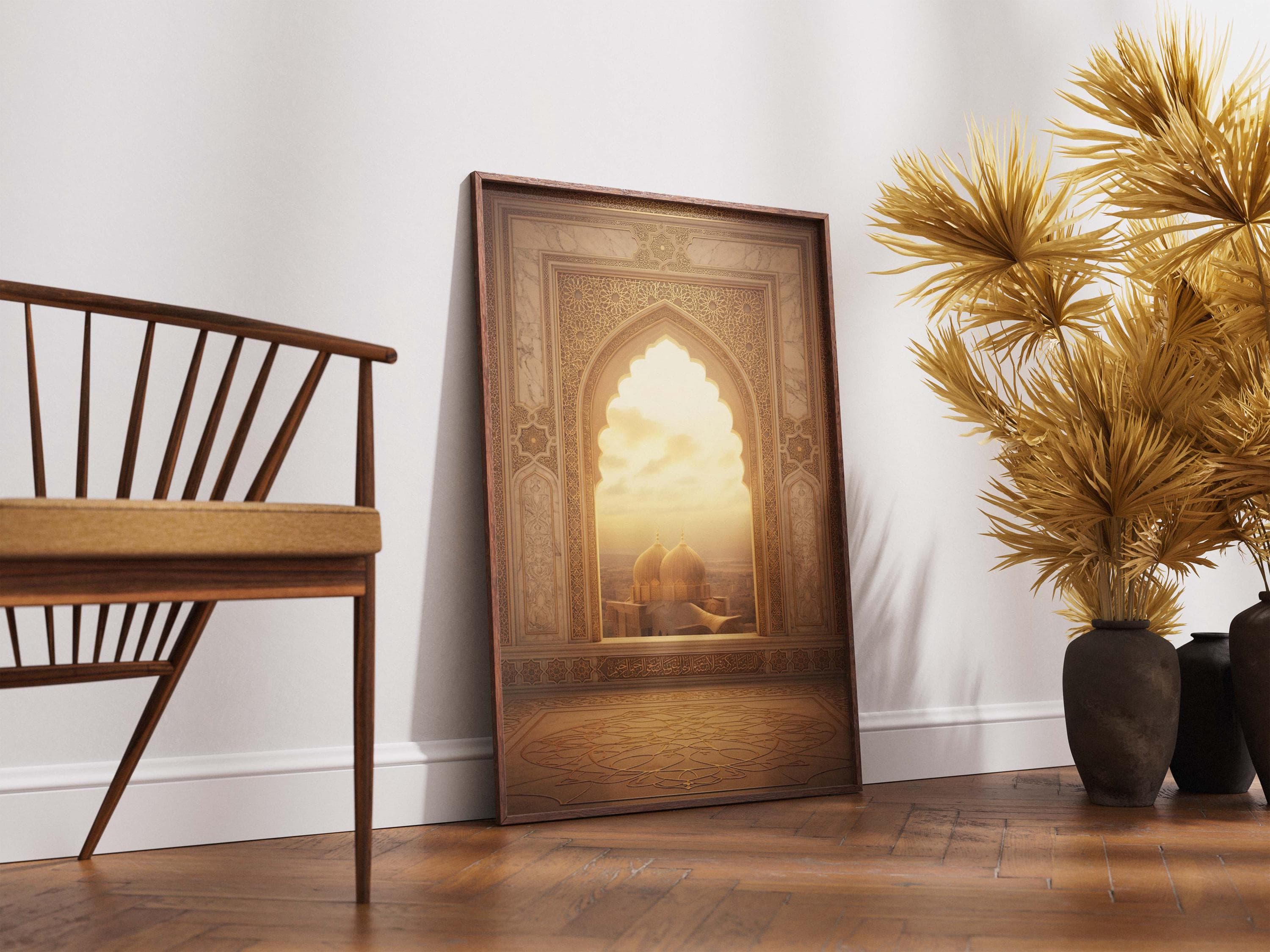 Islamic Mosque Archway Print, Golden Sunset Dome View, Arabic Architecture Art - image 4