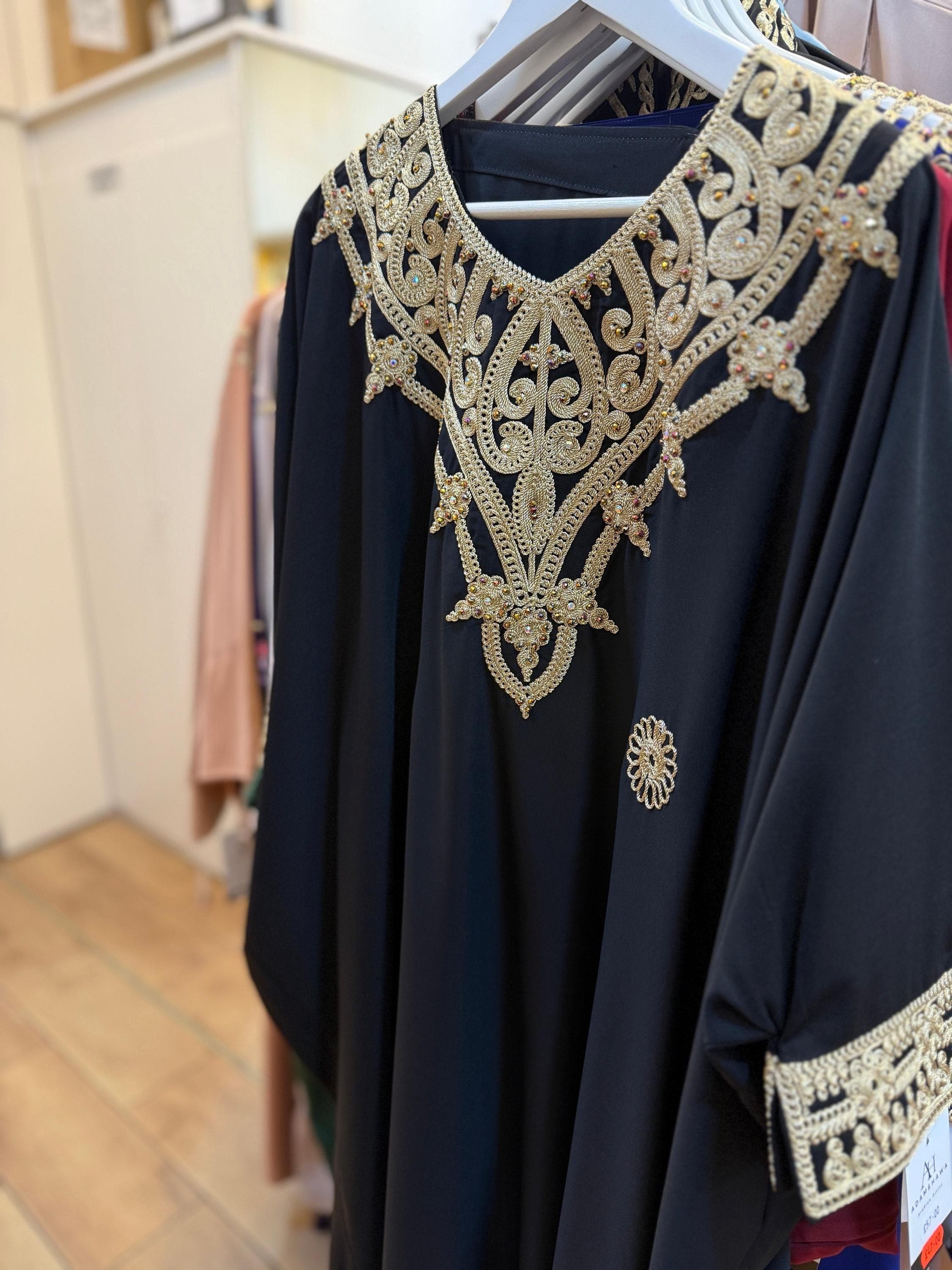 Moroccan black kaftan detail fabric embroidery women