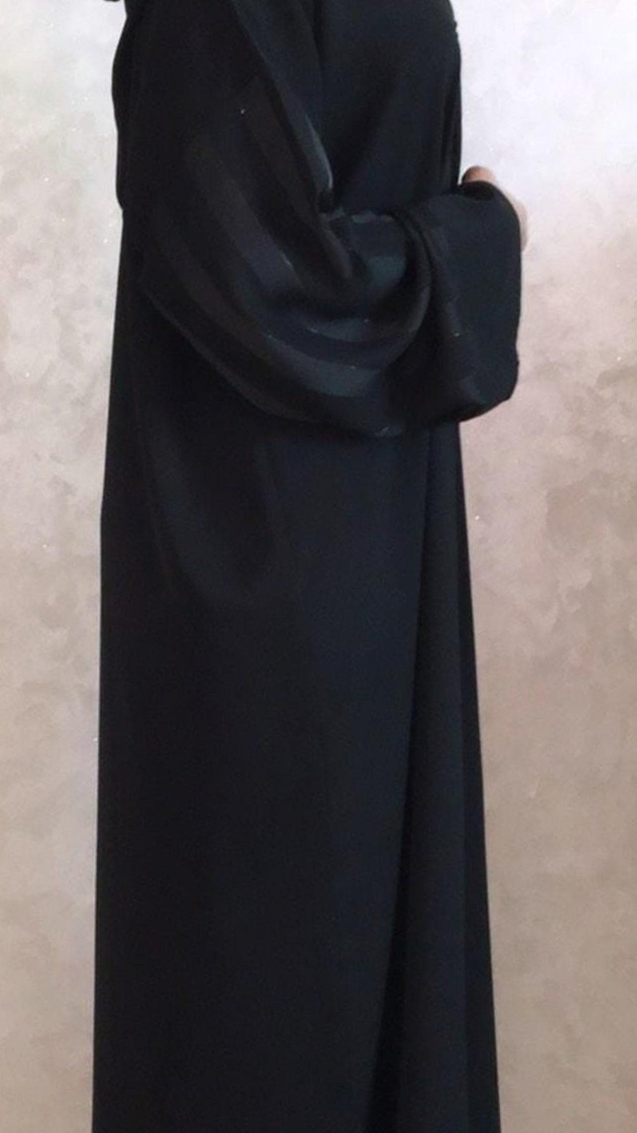 Close view Moroccan hooded djellaba crepe Jawhara fabric detail women UK modest wear