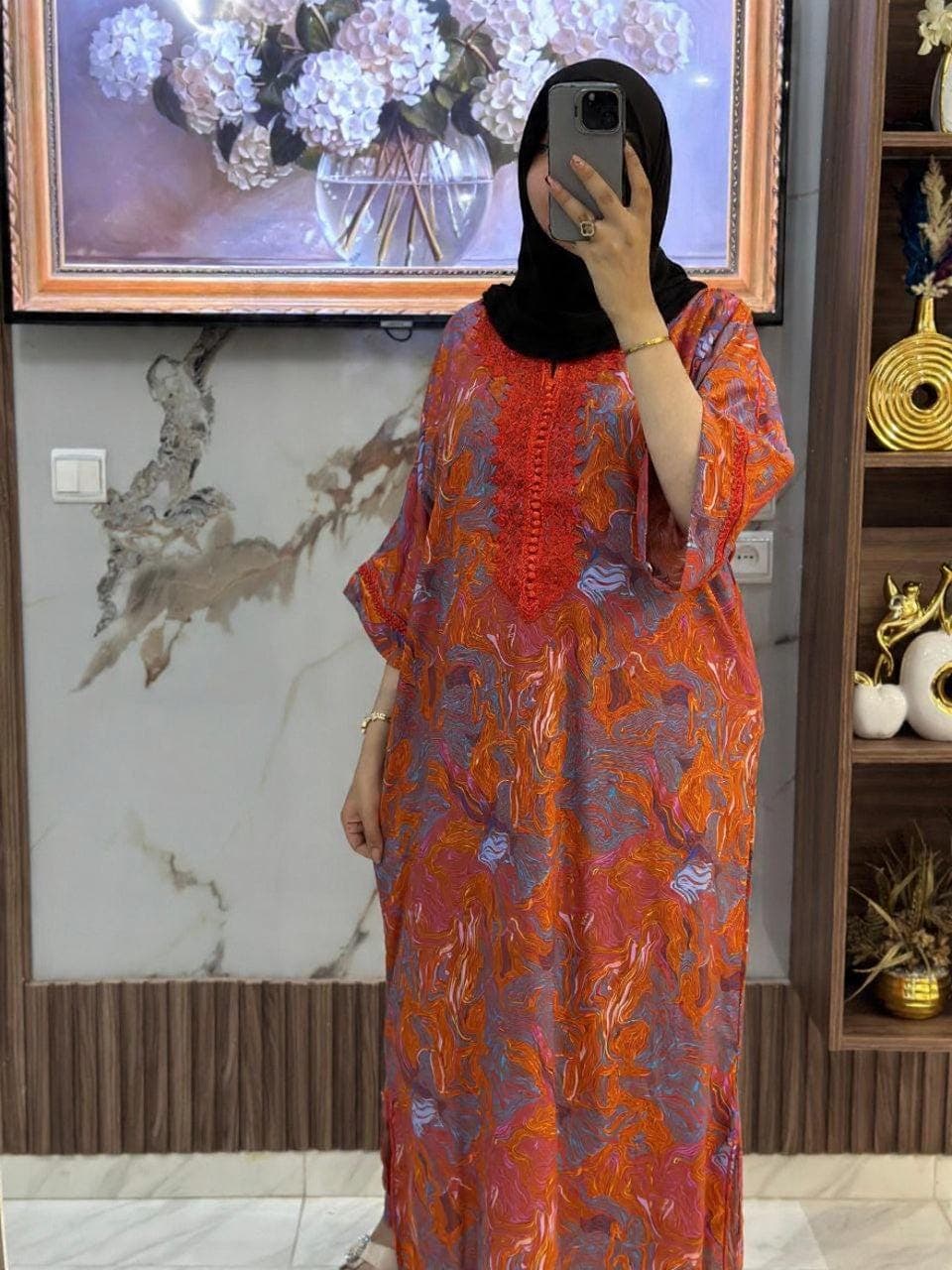 embroidered marble kaftan detail neckline women