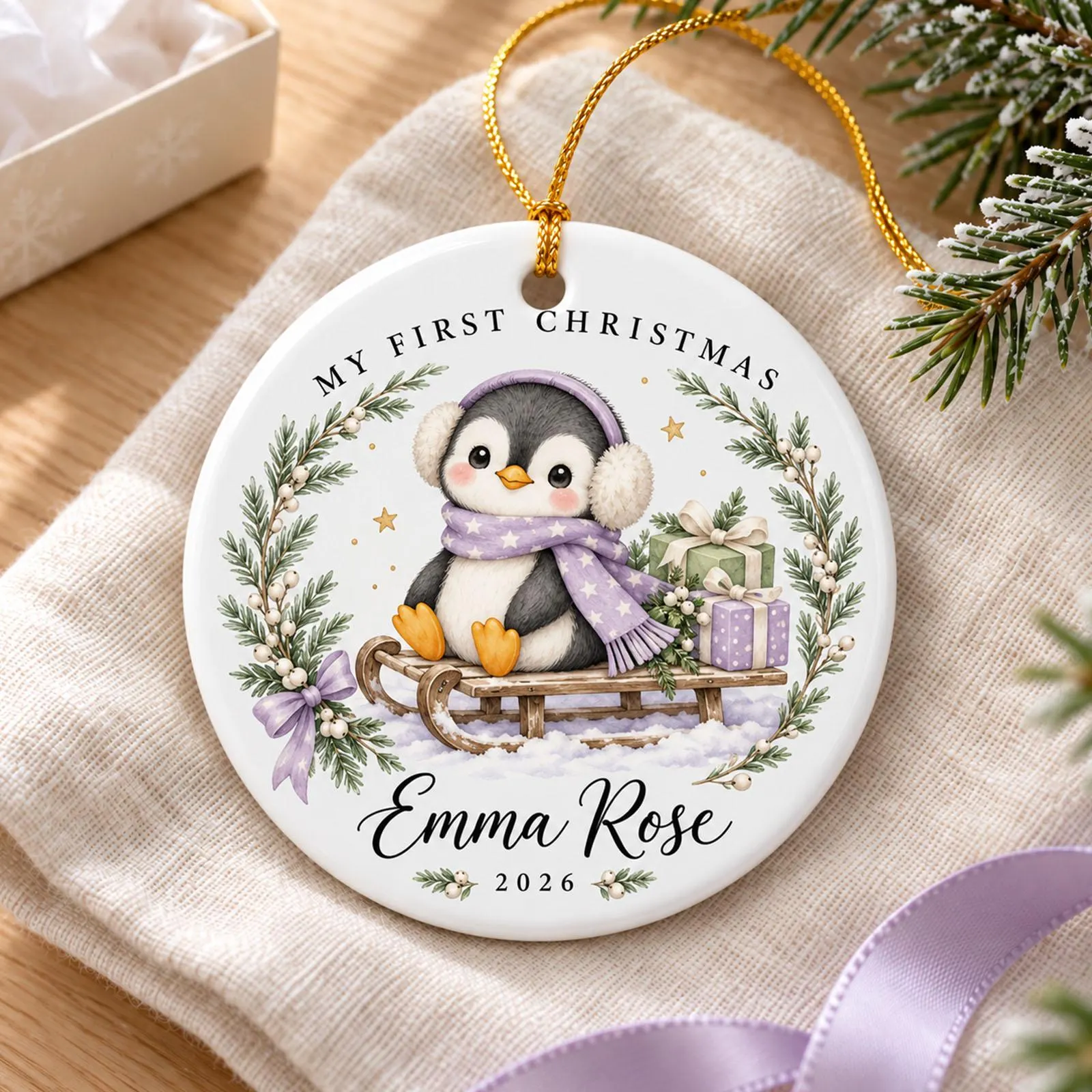 Personalized Baby’s First Christmas Penguin Ceramic Ornament, Custom Name Holiday Keepsake, Baby Girl Christmas Gift 2026 - image 3