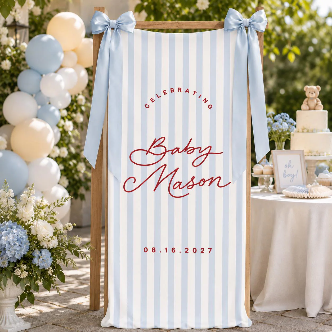 Personalized Baby Shower Banner, Blue Striped Welcome Sign, Custom Baby Name Backdrop, Boy Baby Shower Decor, Oh Boy Party Sign