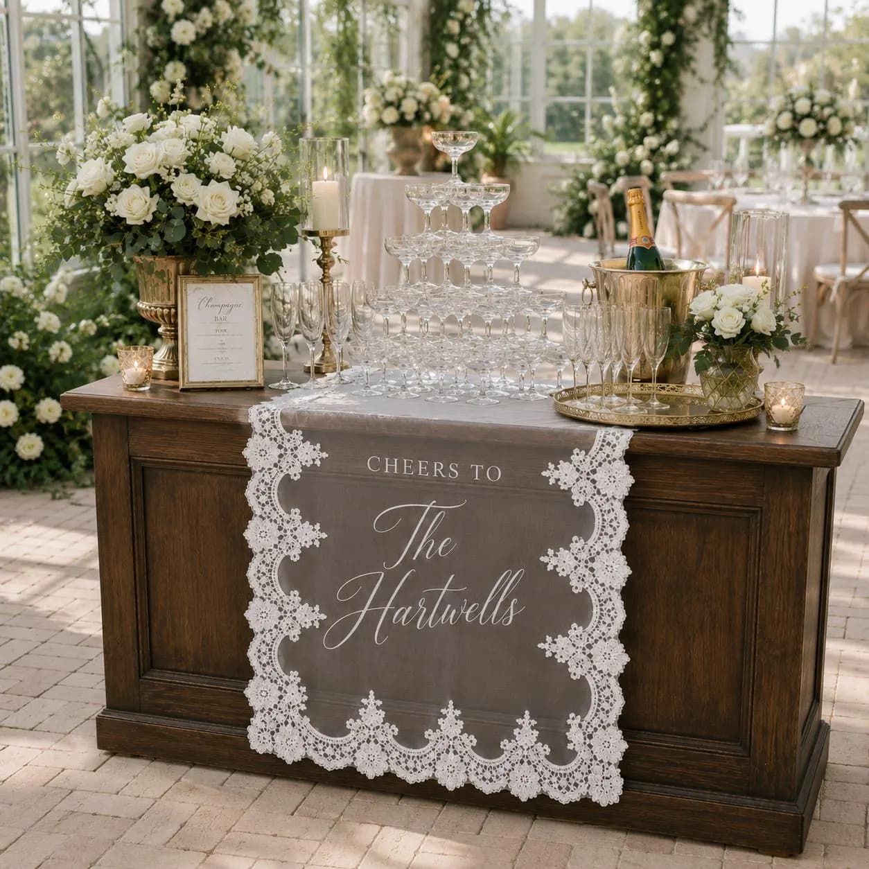 Personalized Wedding Bar Sign, Custom Champagne Bar Banner, Lace Wedding Table Runner, Couple Name Reception Decor - image 3