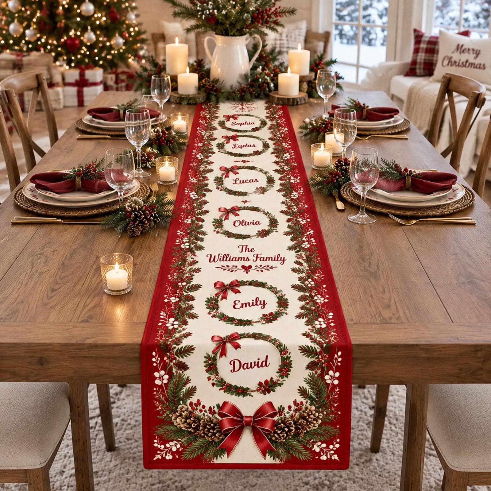 Personalized Christmas Table Runner, Custom Family Name Holiday Runner, Christmas Wreath Table Decor, Family Dinner Table Runner - image 3