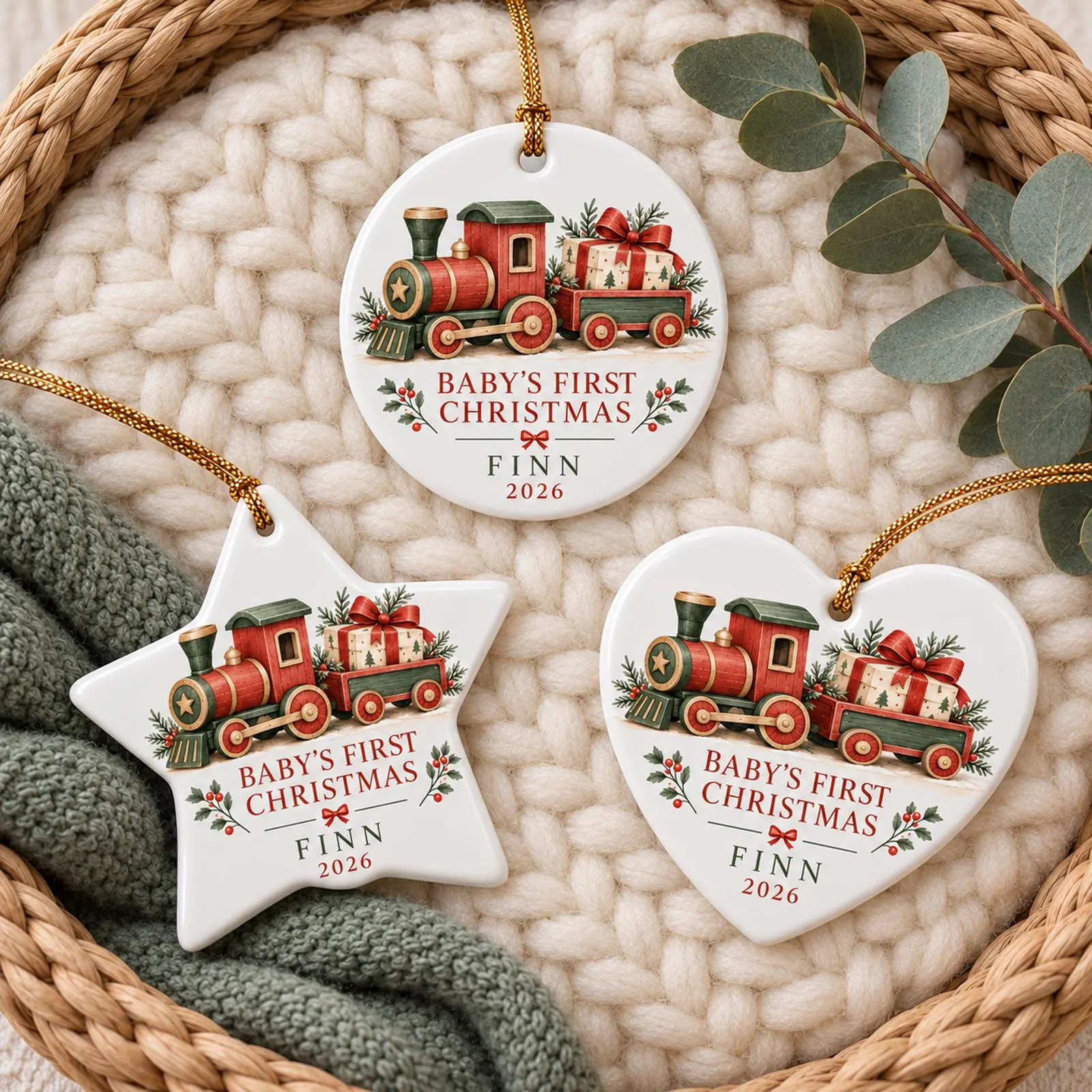 Personalized Baby’s First Christmas Ceramic Ornament, Custom Name Christmas Train Ornament, Baby First Xmas Keepsake 2026 - image 3